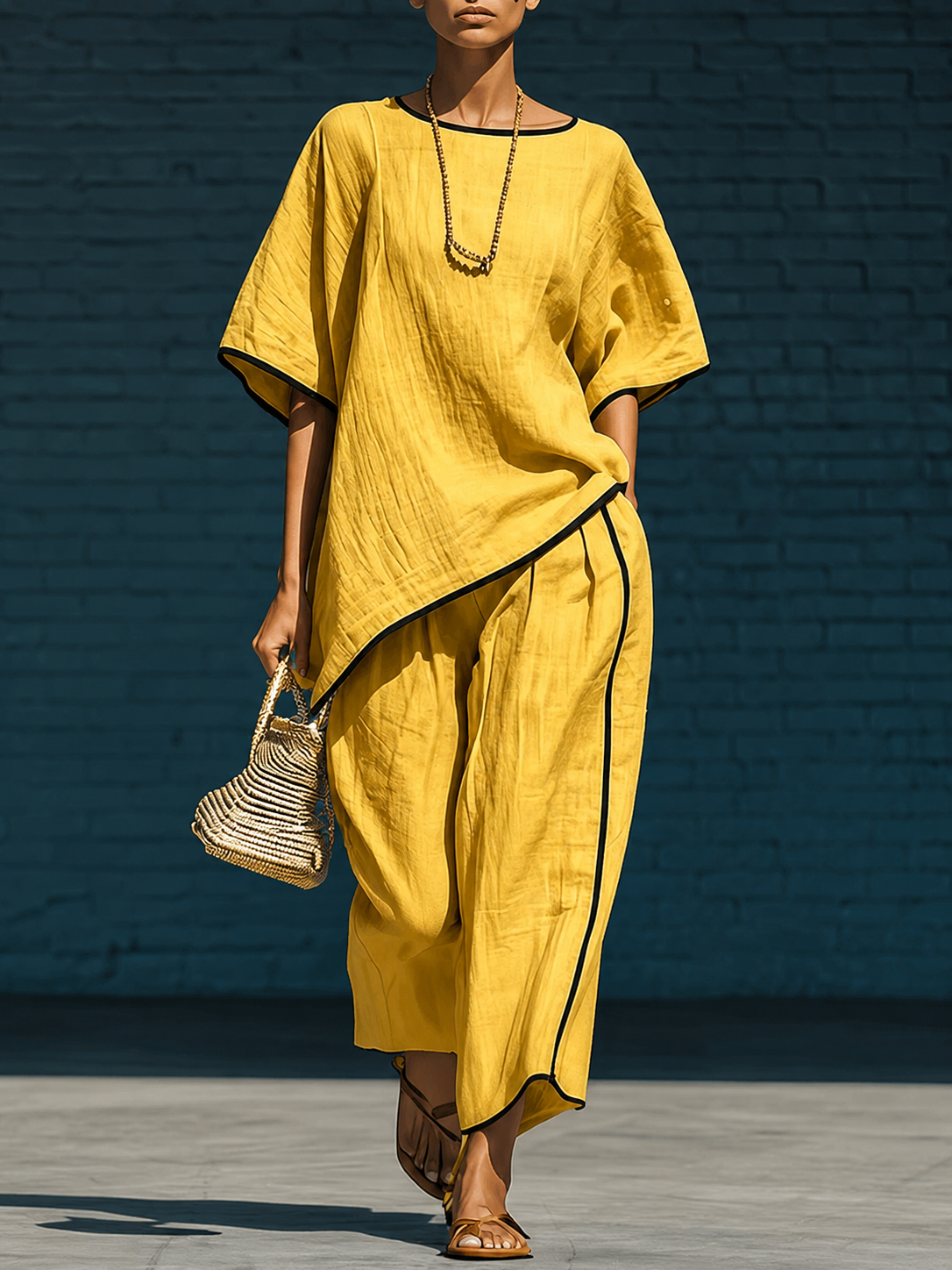 Minimalist blue irregular-hem top and wide-leg trousers set