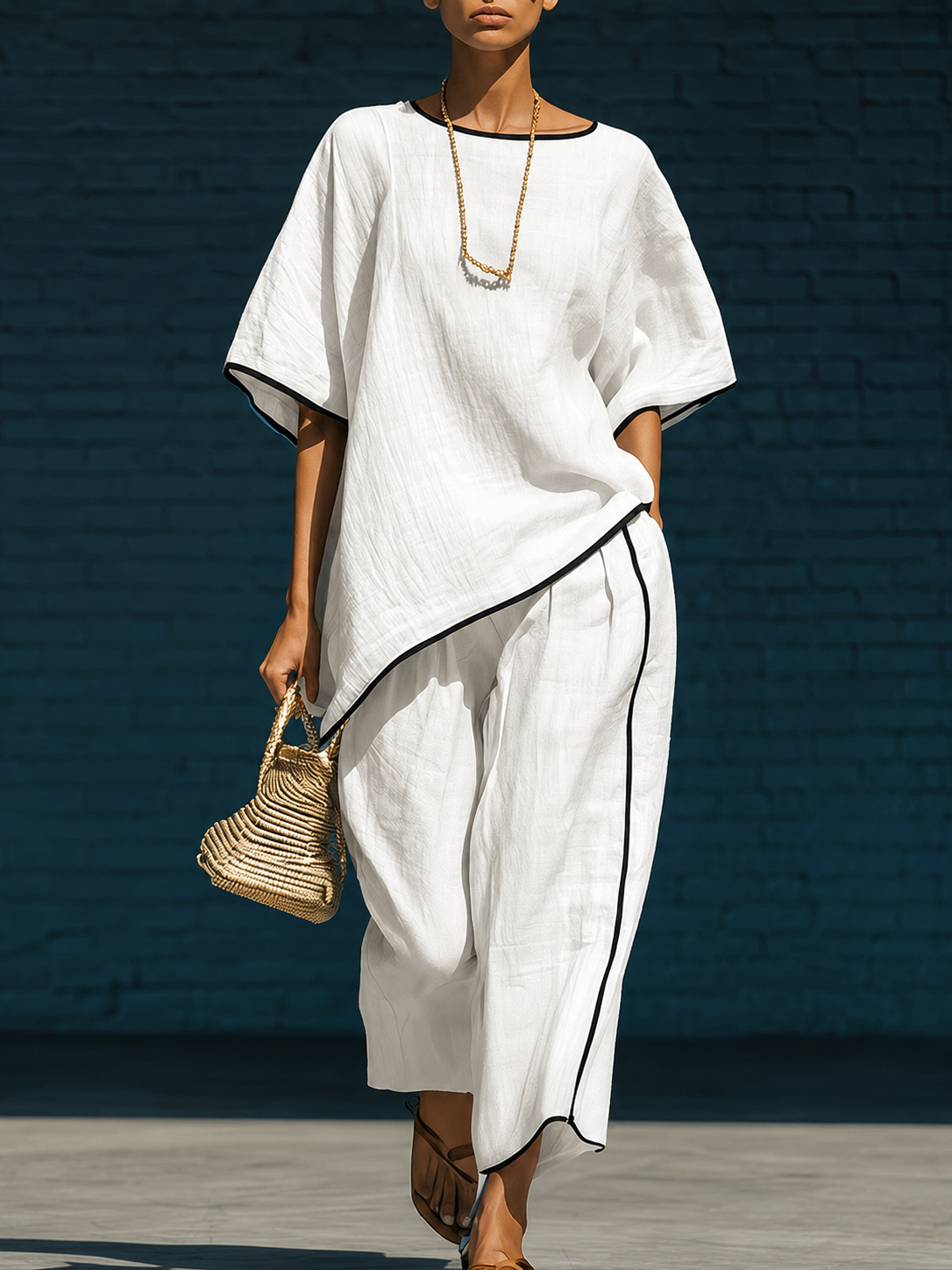 Minimalist blue irregular-hem top and wide-leg trousers set