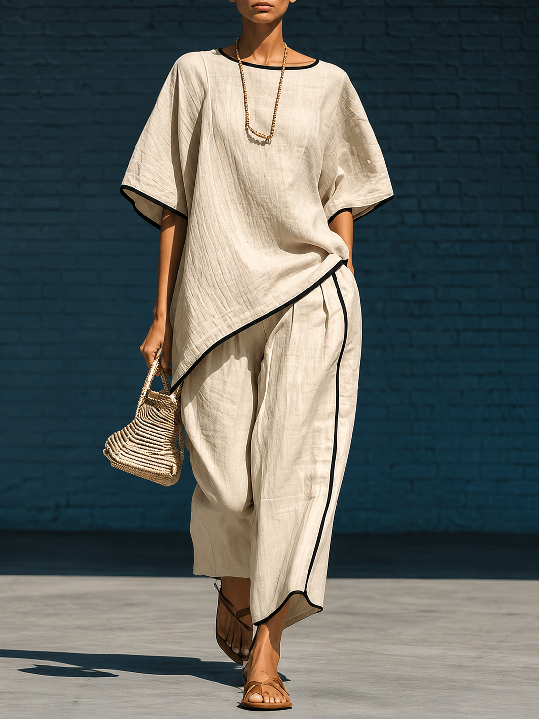 Minimalist blue irregular-hem top and wide-leg trousers set