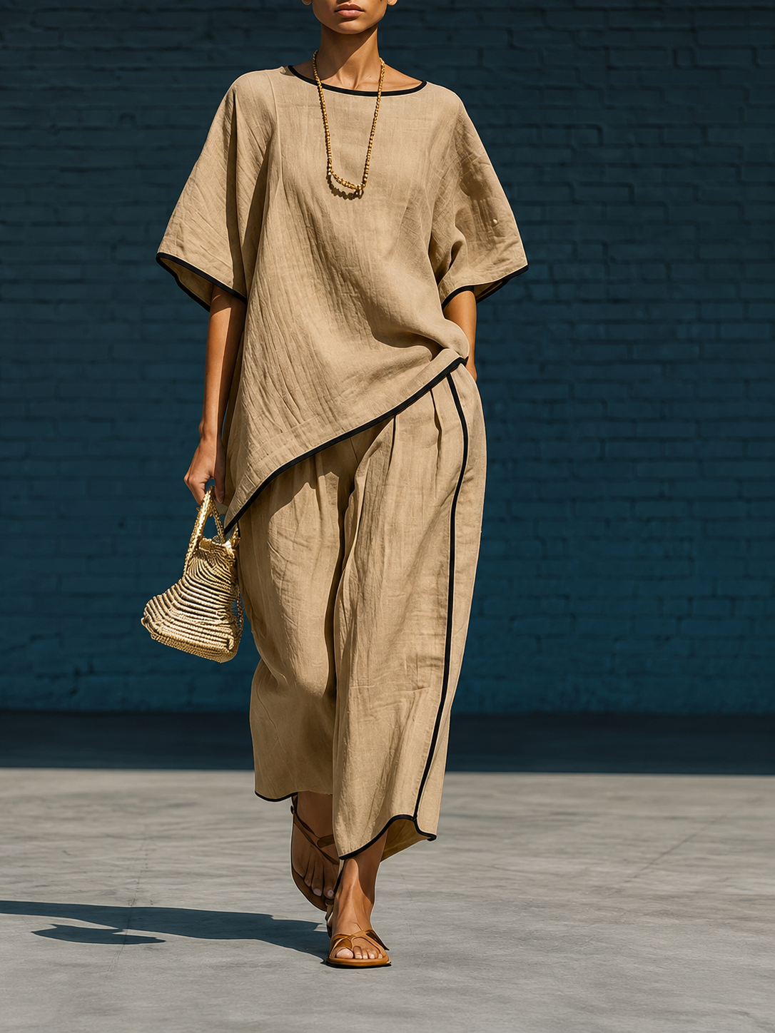 Minimalist blue irregular-hem top and wide-leg trousers set