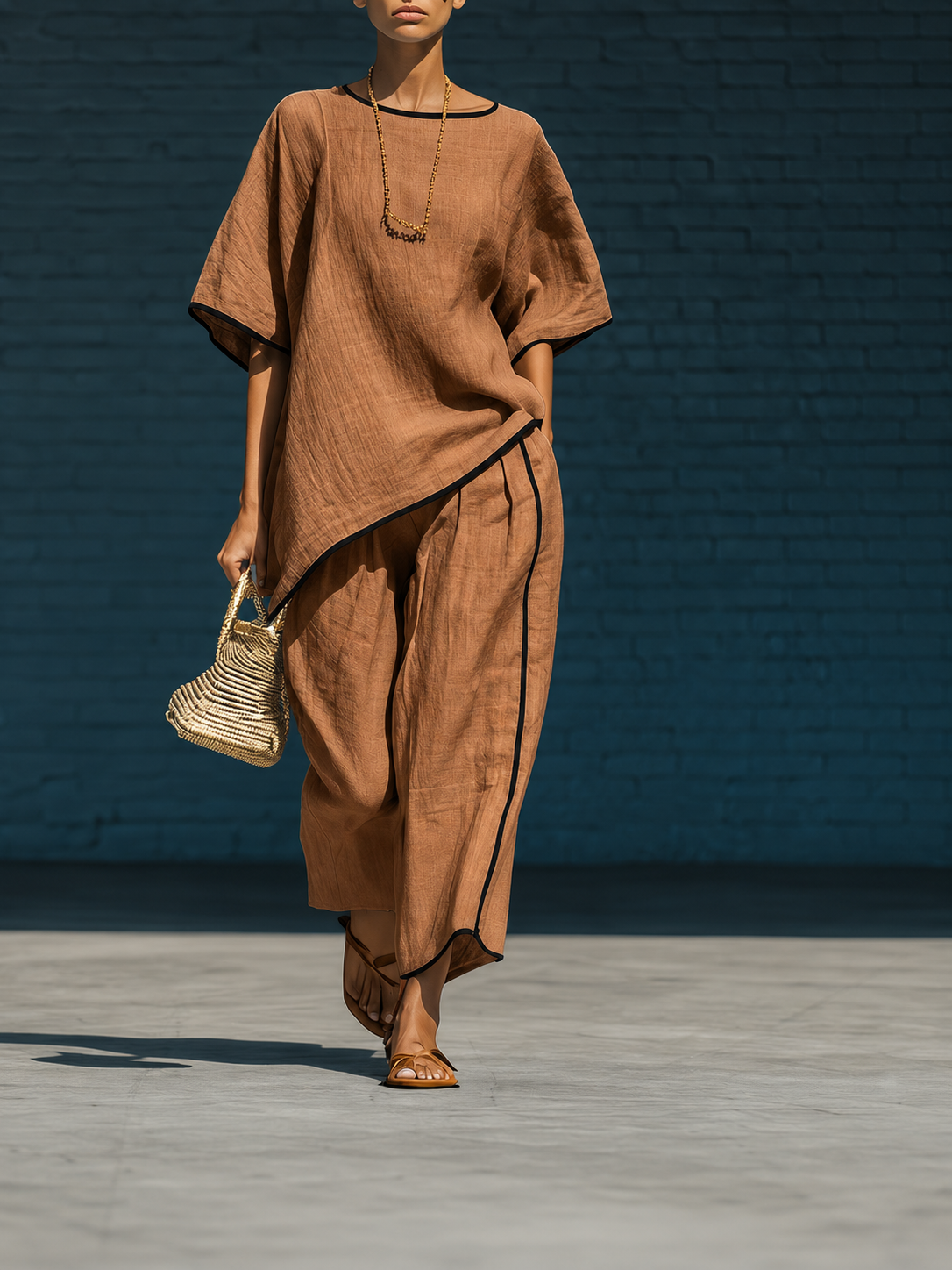 Minimalist blue irregular-hem top and wide-leg trousers set