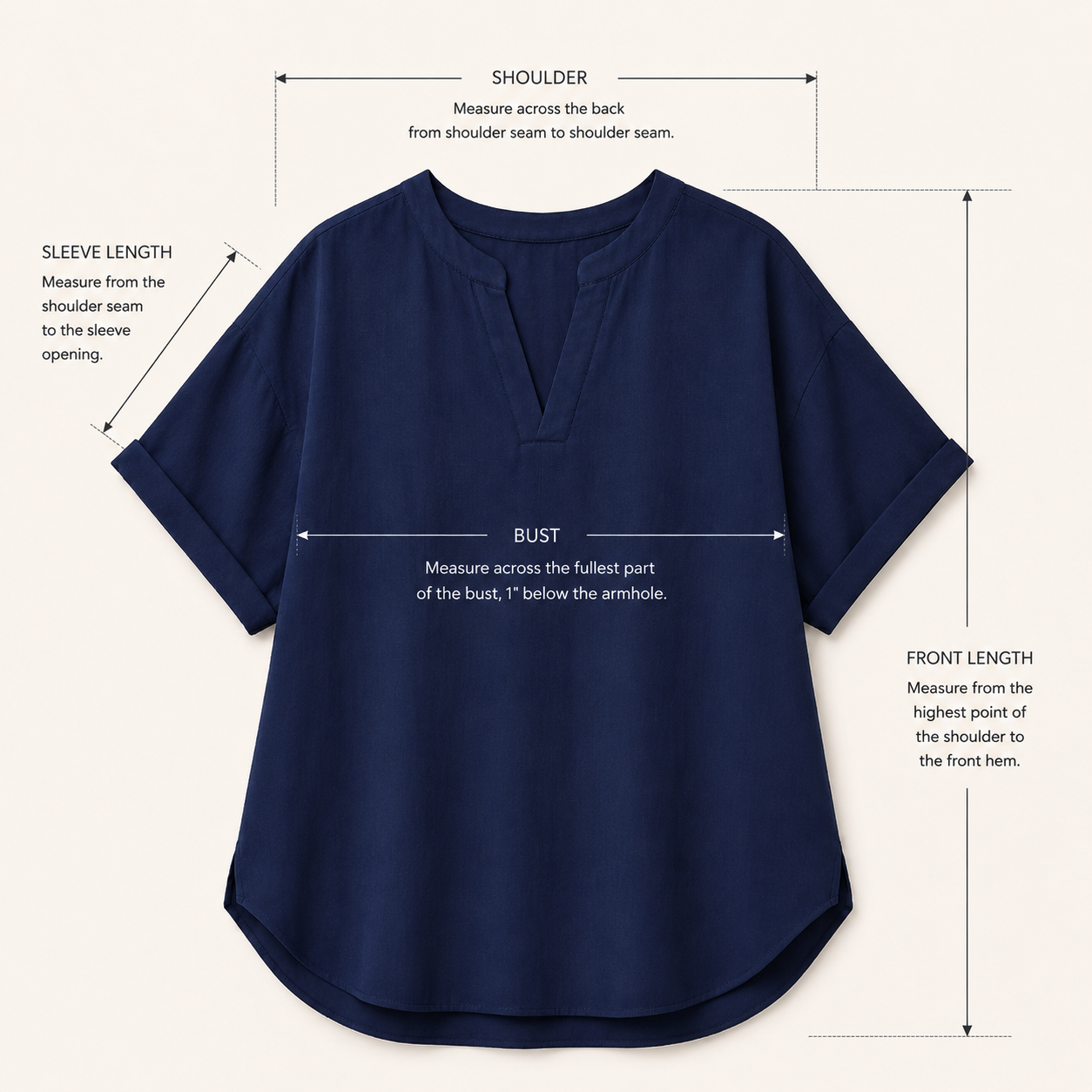 How to measure — bust, shoulder, length and sleeve