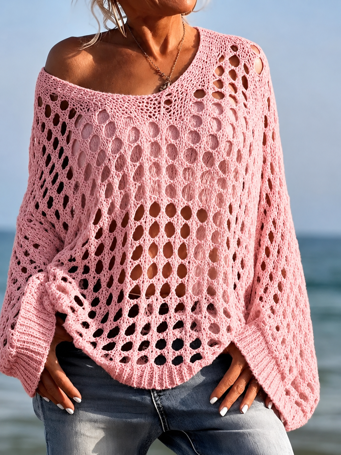 Women's Casual Everyday Loose-Fit V Neck Top, Lightweight, Hollow Out Design, Polyester Knit Fabric, Hand Washable, All Season Wear, Knitwear, Summer