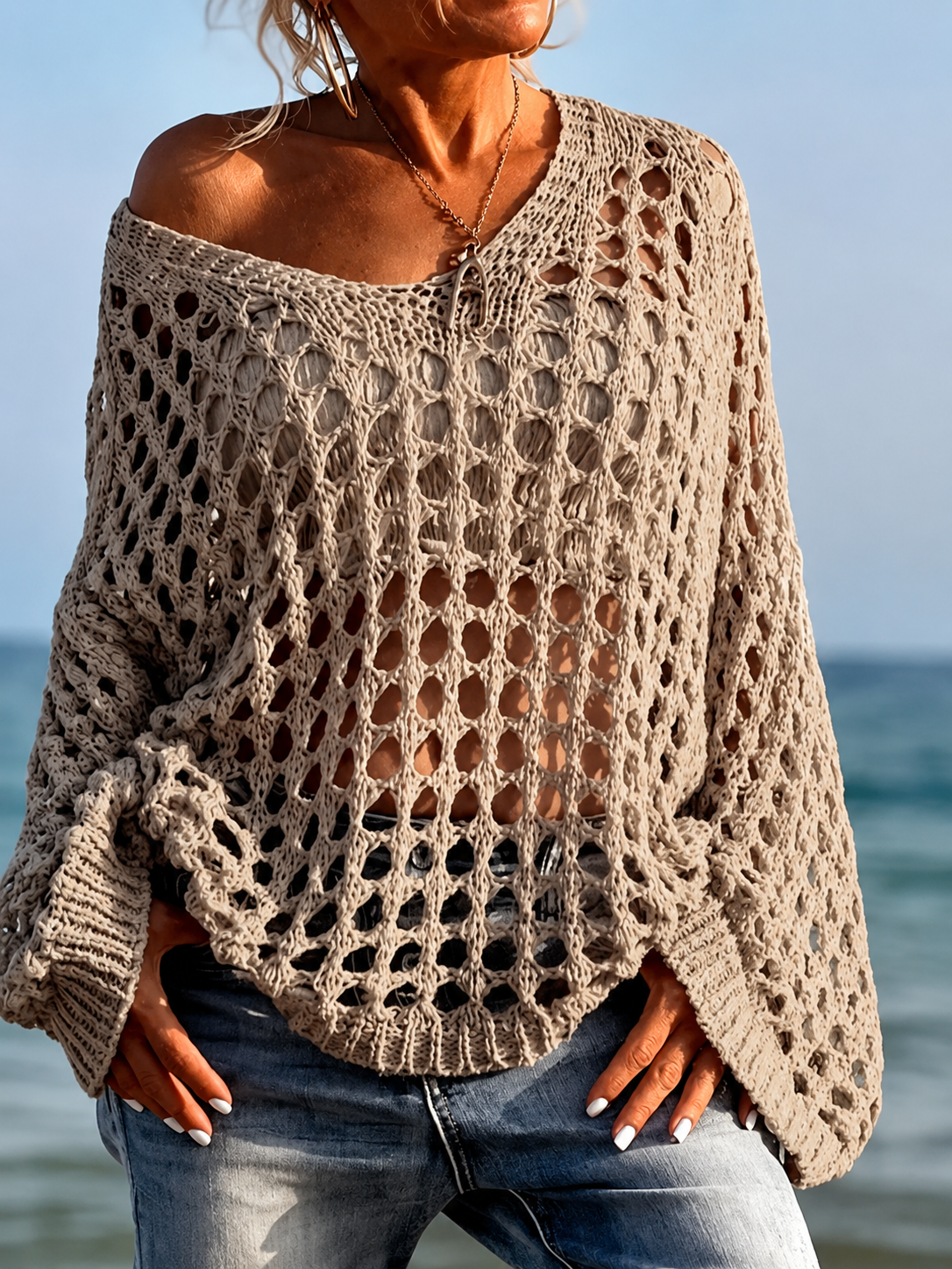 Women's Casual Everyday Loose-Fit V Neck Top, Lightweight, Hollow Out Design, Polyester Knit Fabric, Hand Washable, All Season Wear, Knitwear, Summer