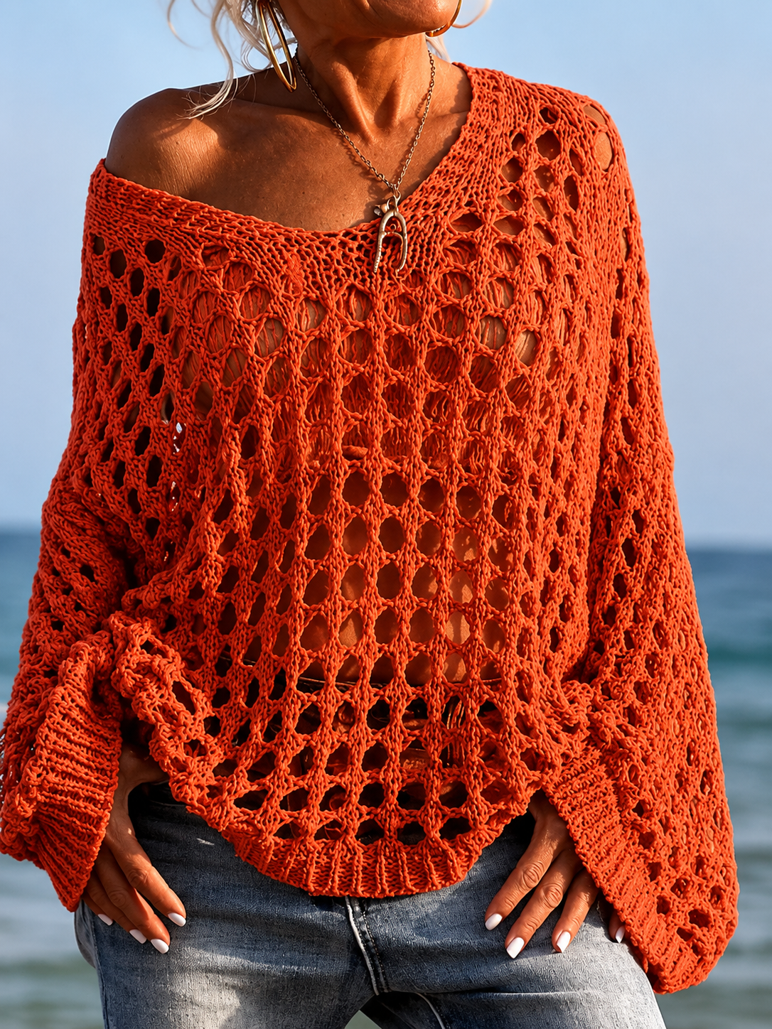 Women's Casual Everyday Loose-Fit V Neck Top, Lightweight, Hollow Out Design, Polyester Knit Fabric, Hand Washable, All Season Wear, Knitwear, Summer