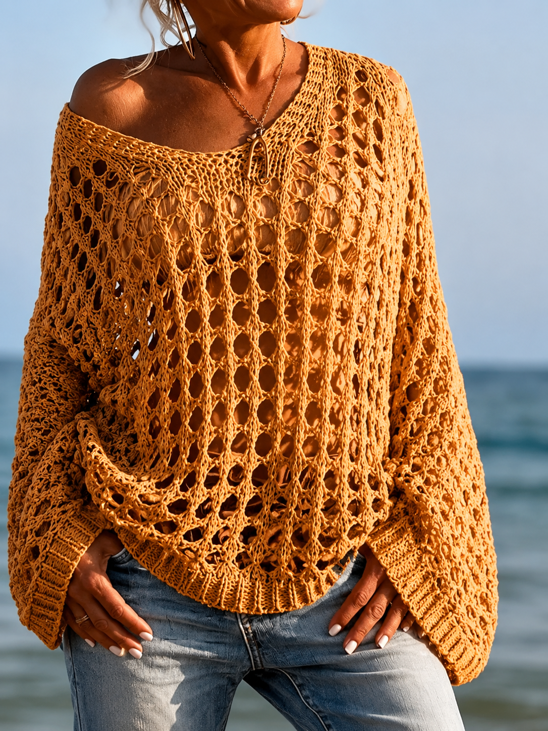 Women's Casual Everyday Loose-Fit V Neck Top, Lightweight, Hollow Out Design, Polyester Knit Fabric, Hand Washable, All Season Wear, Knitwear, Summer