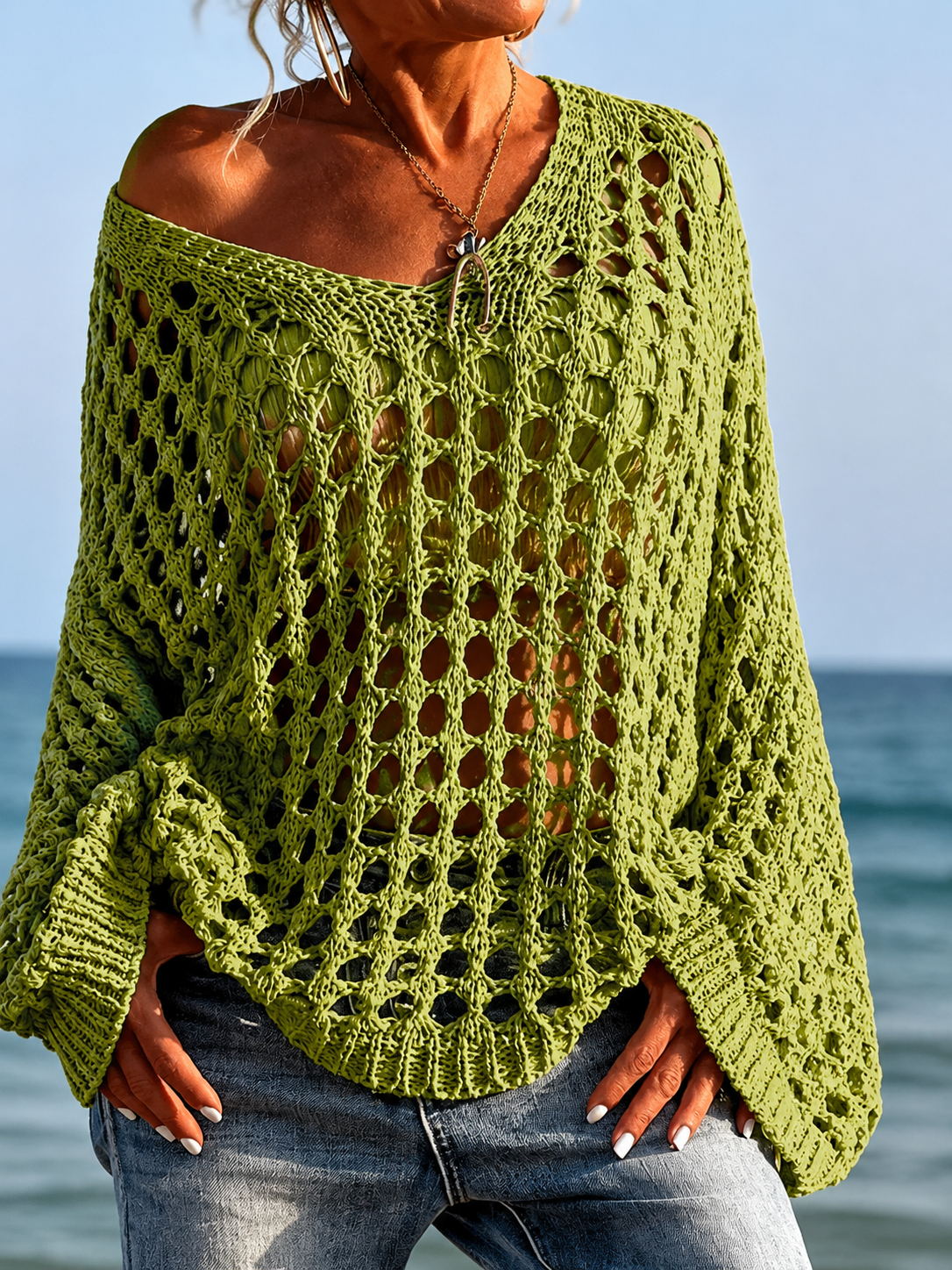 Women's Casual Everyday Loose-Fit V Neck Top, Lightweight, Hollow Out Design, Polyester Knit Fabric, Hand Washable, All Season Wear, Knitwear, Summer