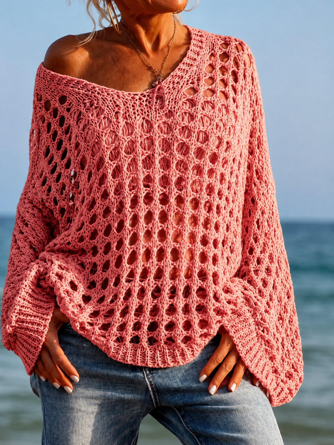 Women's Casual Everyday Loose-Fit V Neck Top, Lightweight, Hollow Out Design, Polyester Knit Fabric, Hand Washable, All Season Wear, Knitwear, Summer