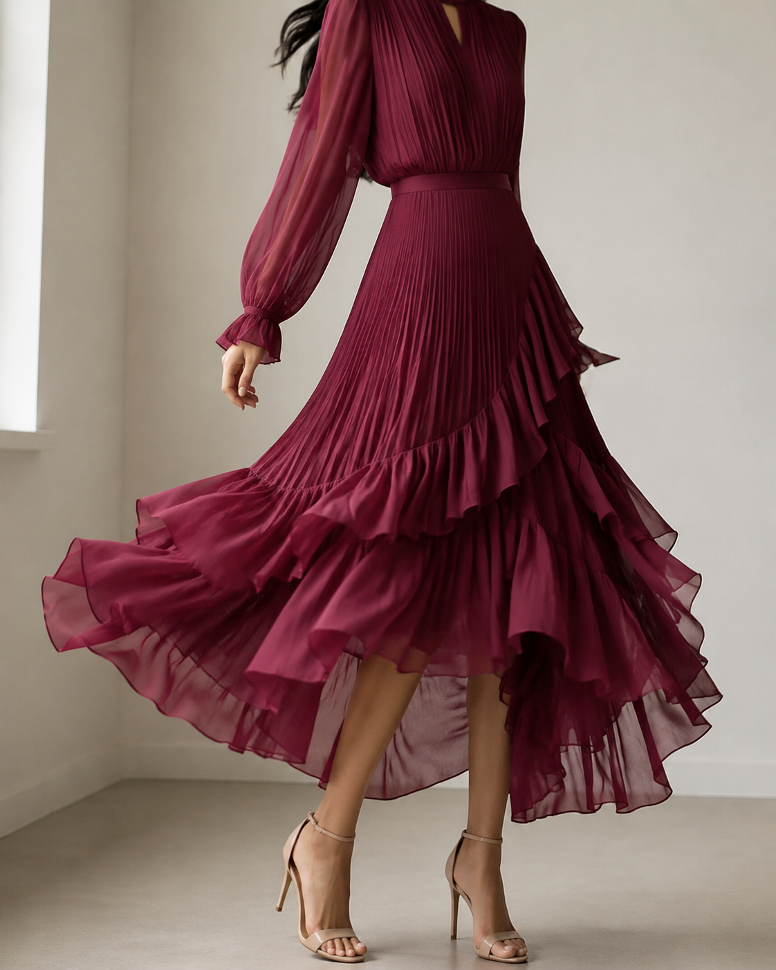 Tiered ruffle hem of the midi skirt