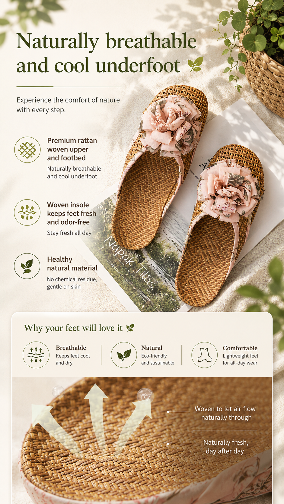 Women's Woven Rattan Flower Slippers