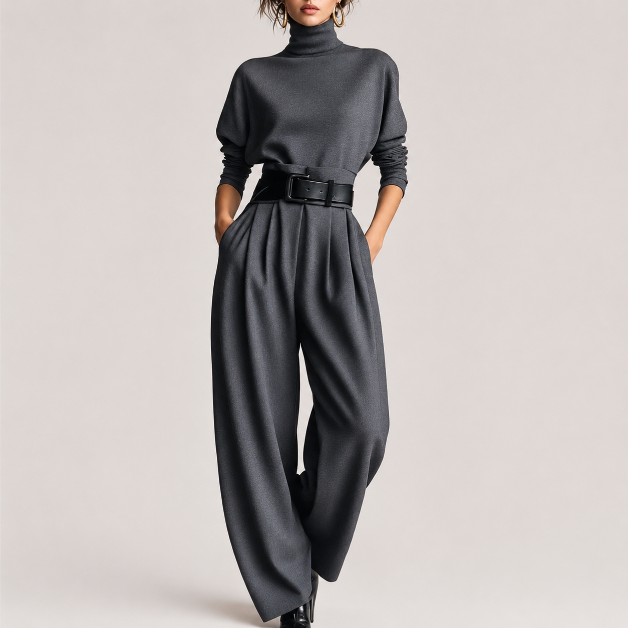 All-black Turtleneck Long-sleeved T-shirt And Straight-leg Pants Two-piece Set (including Belt)