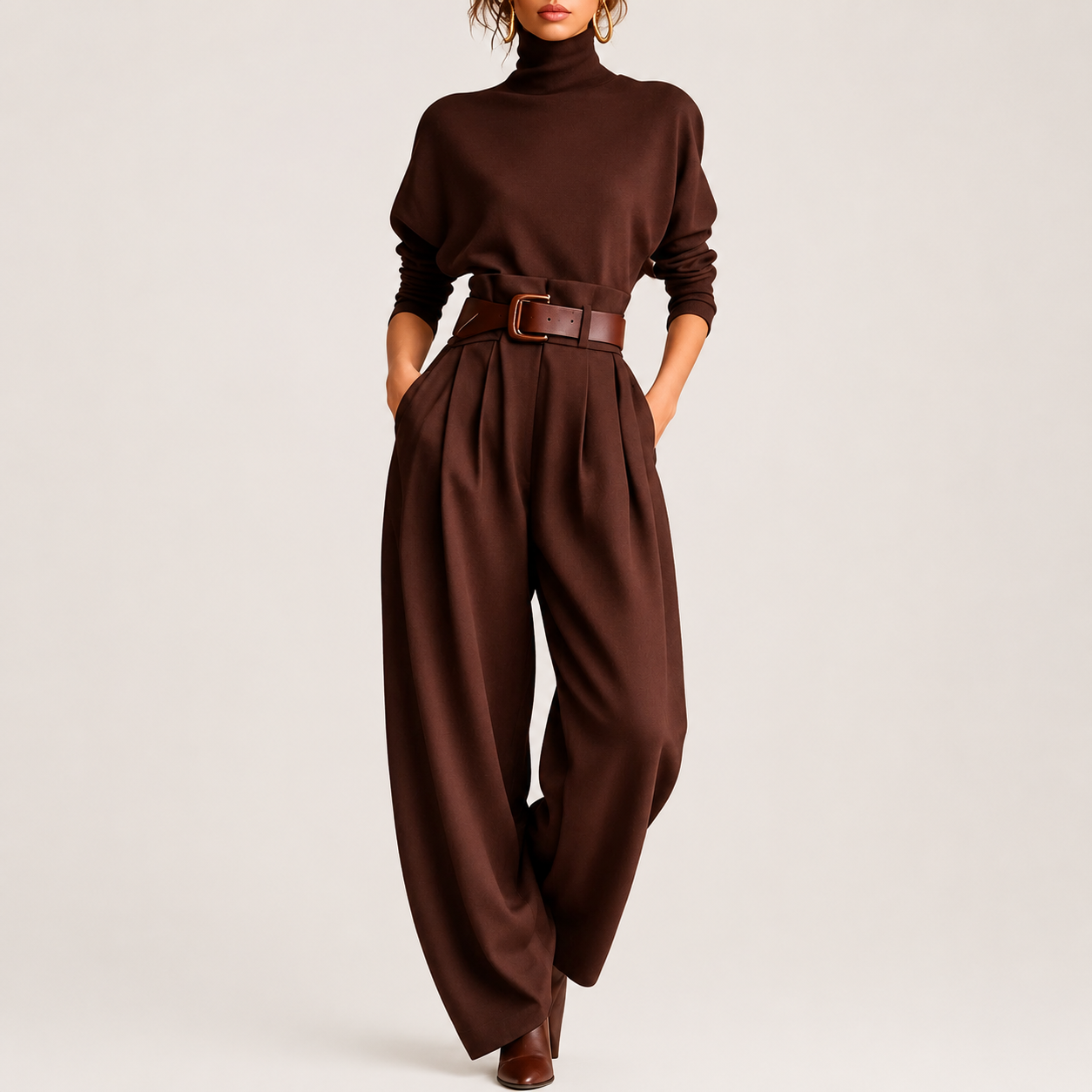 All-black Turtleneck Long-sleeved T-shirt And Straight-leg Pants Two-piece Set (including Belt)