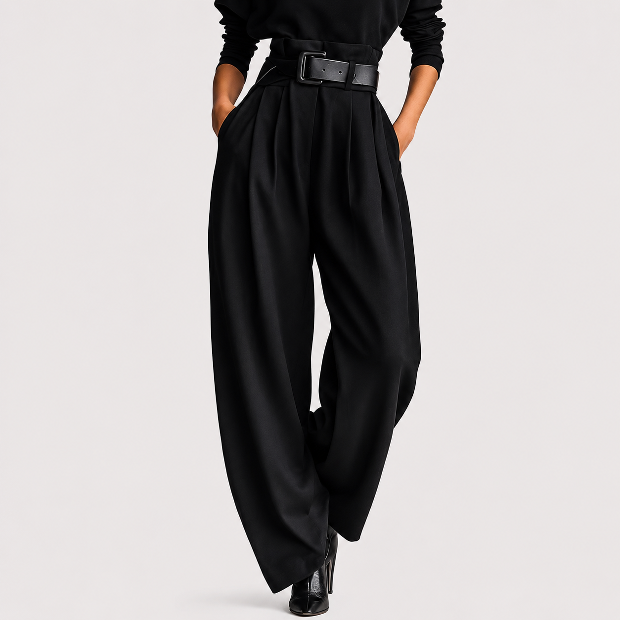 All-black Turtleneck Long-sleeved T-shirt And Straight-leg Pants Two-piece Set (including Belt)