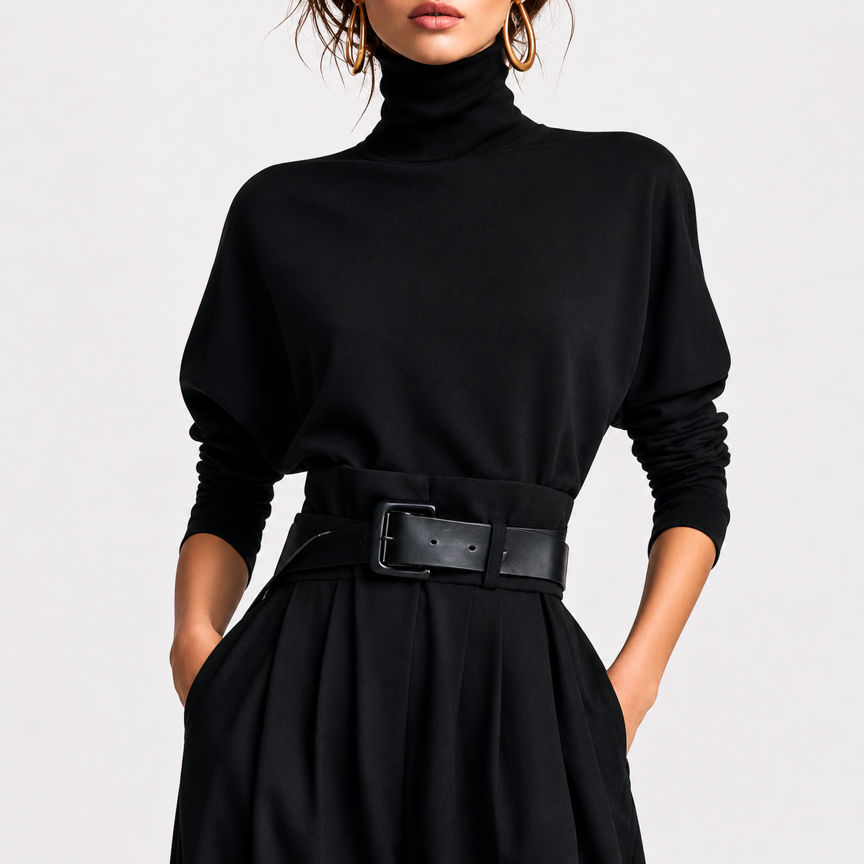 All-black Turtleneck Long-sleeved T-shirt And Straight-leg Pants Two-piece Set (including Belt)