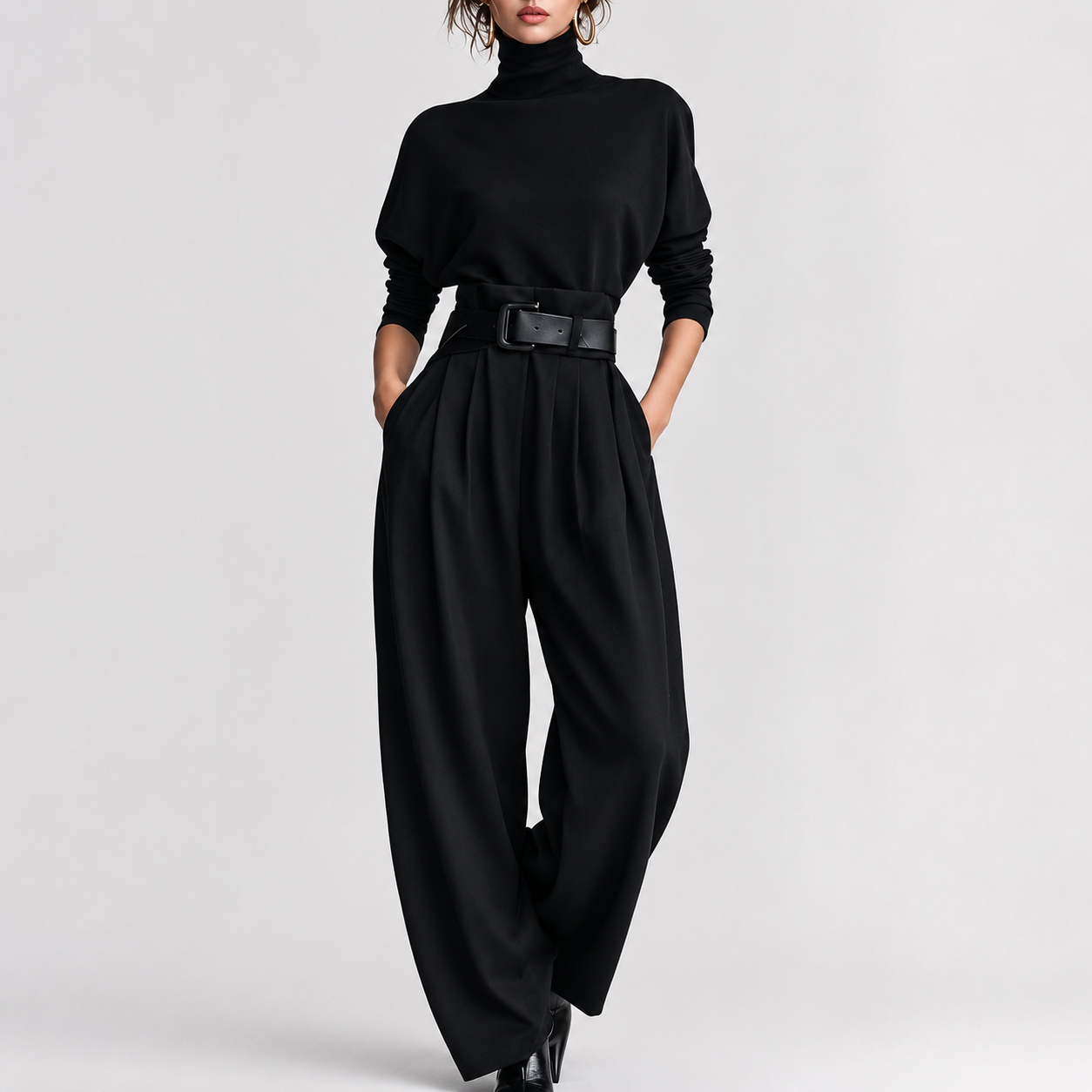 All-black Turtleneck Long-sleeved T-shirt And Straight-leg Pants Two-piece Set (including Belt)