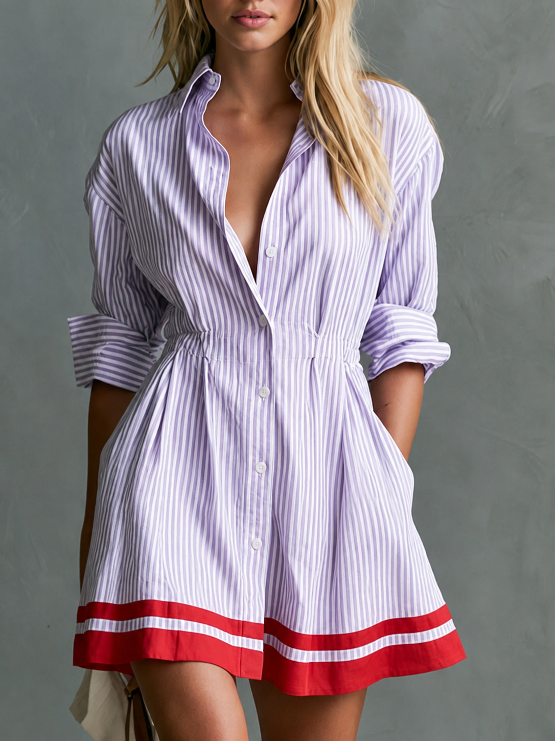 Retro-style Color-blocked Trim Blue Striped Long-sleeved Collared Cotton Mini Dress
