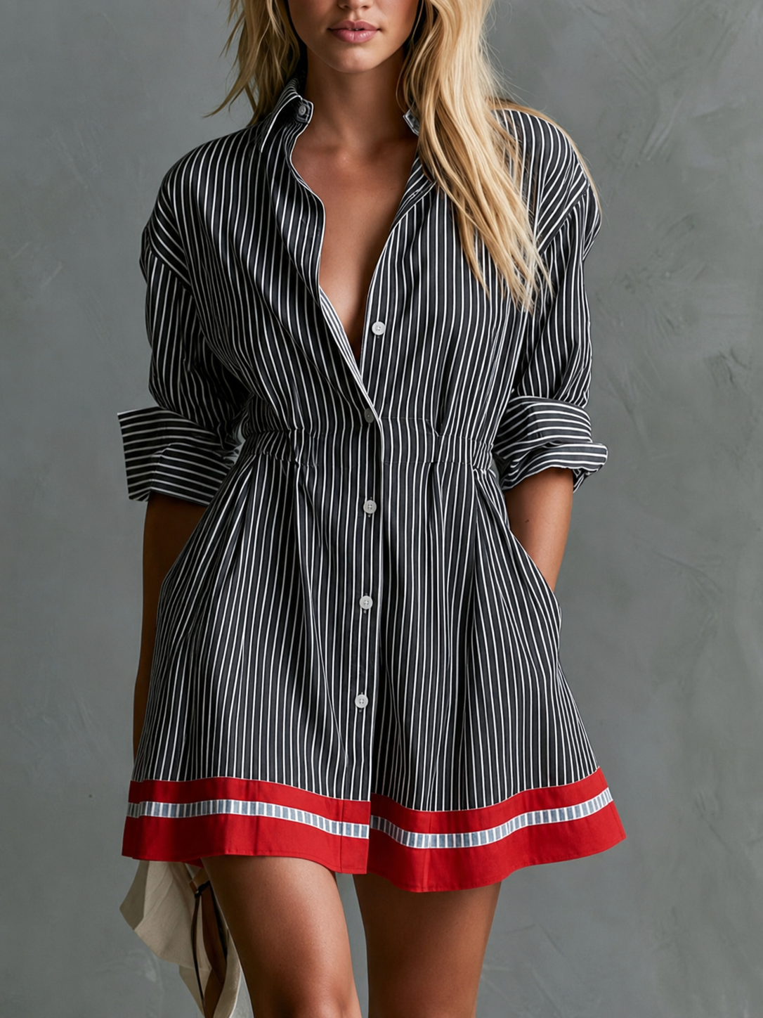 Retro-style Color-blocked Trim Blue Striped Long-sleeved Collared Cotton Mini Dress