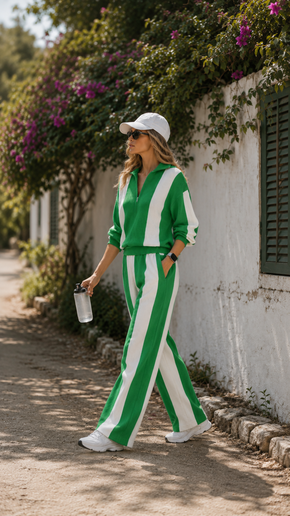 Women's Striped Print Cardigan Collar Three-quarter Sleeve Knitted Top And High-waisted Casual Loose Wide-leg Pants Knitted Set.