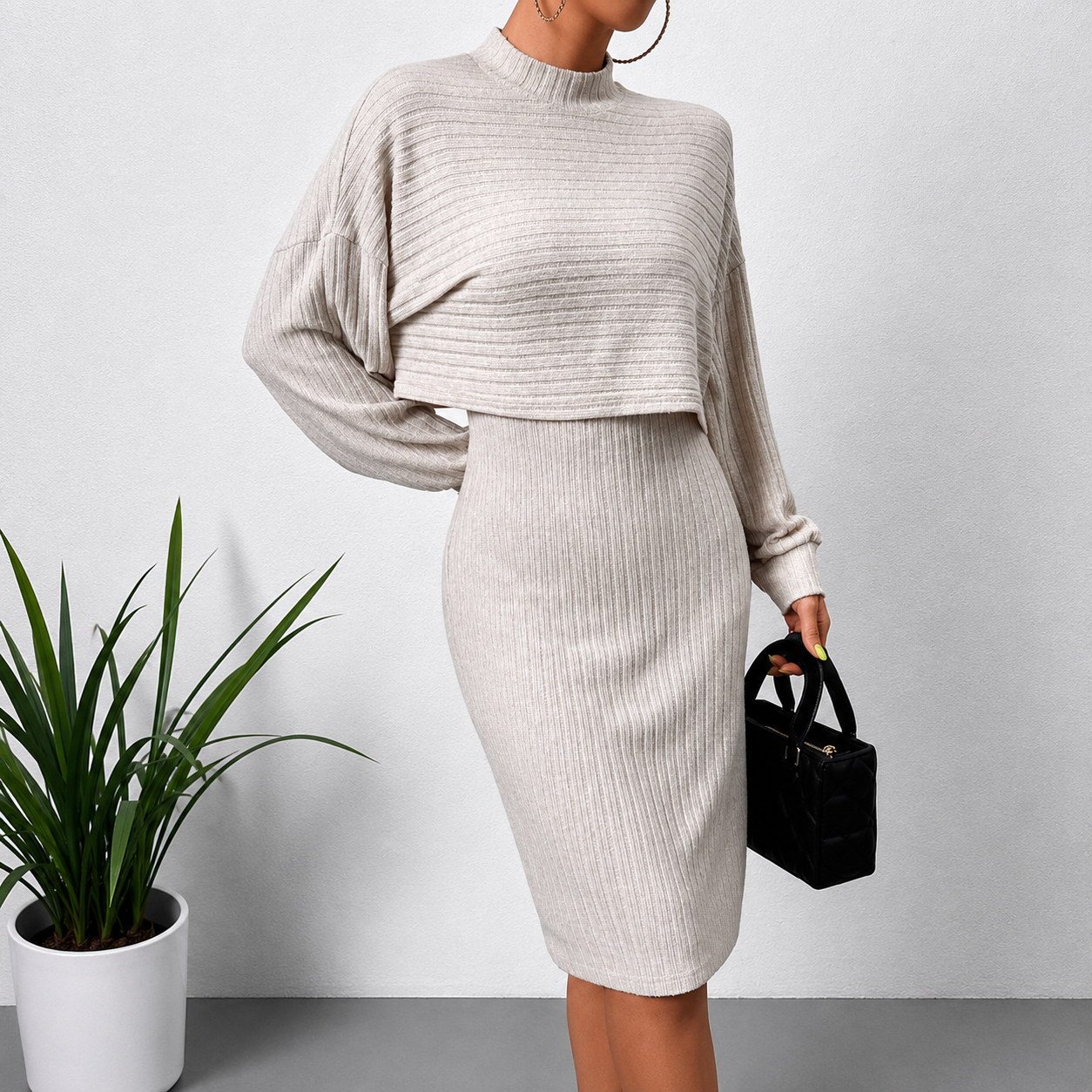 Ladies 2PCS Crop Top Hip Wrap Back Split Dress