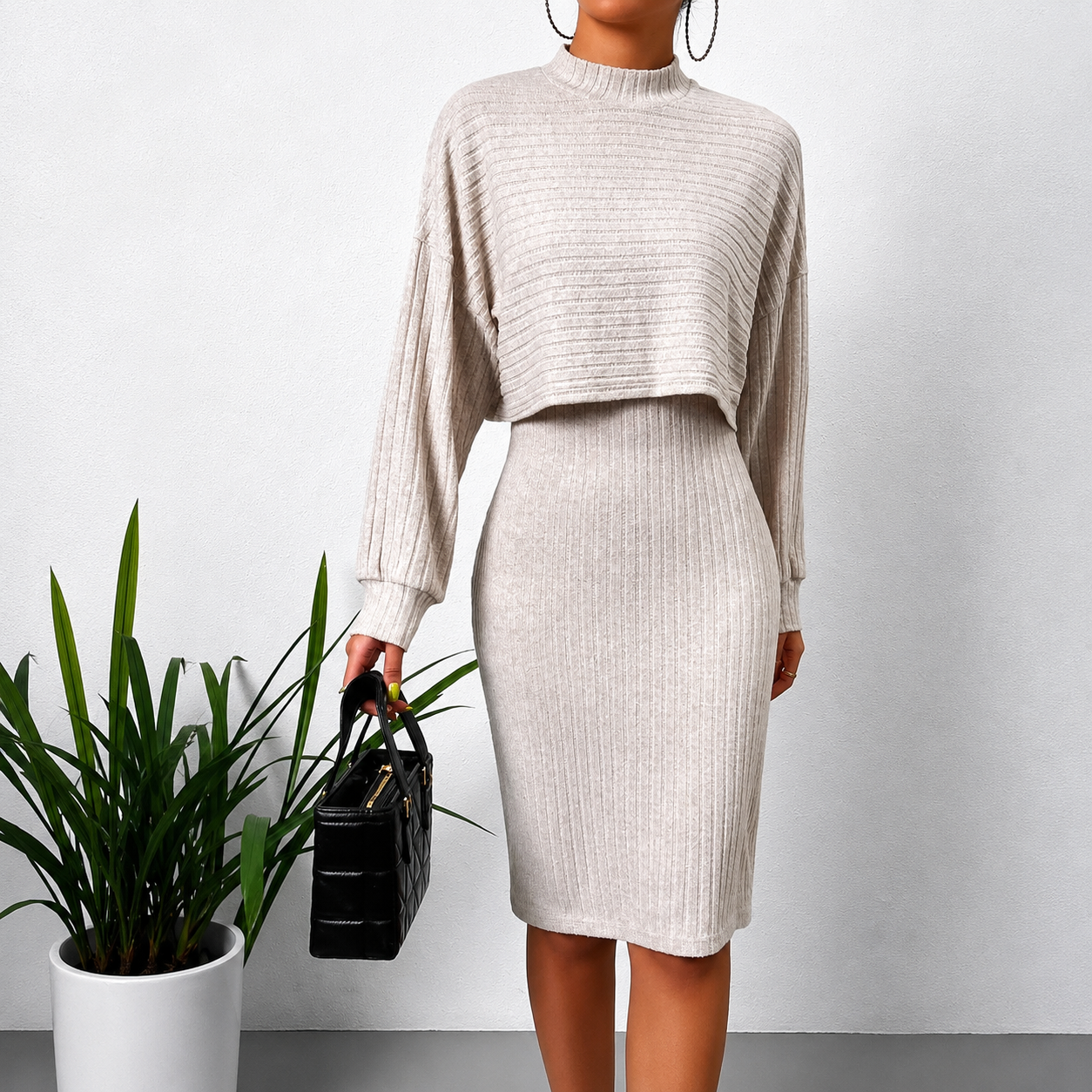 Ladies 2PCS Crop Top Hip Wrap Back Split Dress