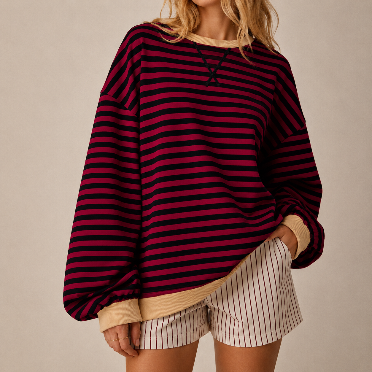 Oversized Ribbed Striped Tunic Sweatshirt for Women – Cozy Casual Comfort