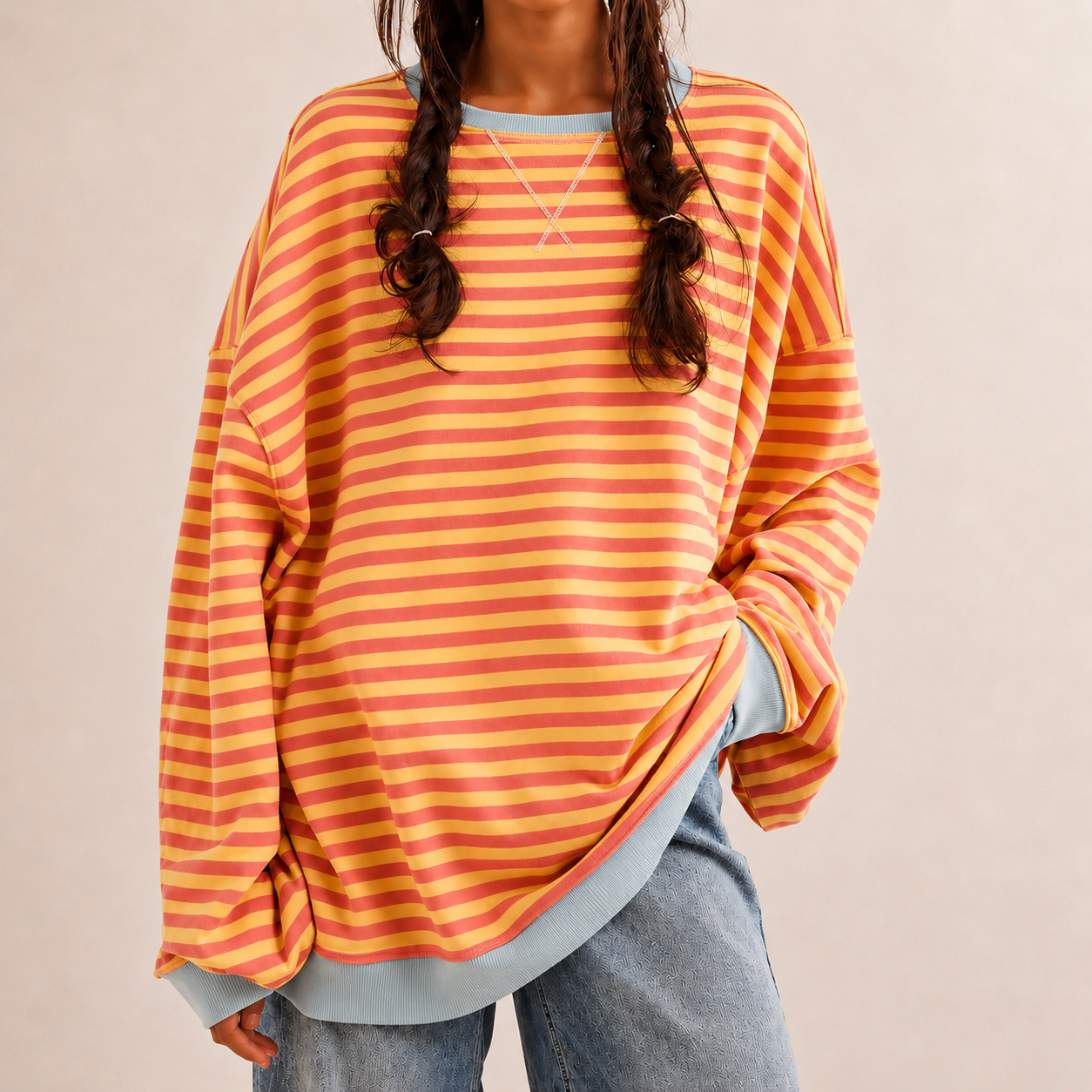 Oversized Ribbed Striped Tunic Sweatshirt for Women – Cozy Casual Comfort