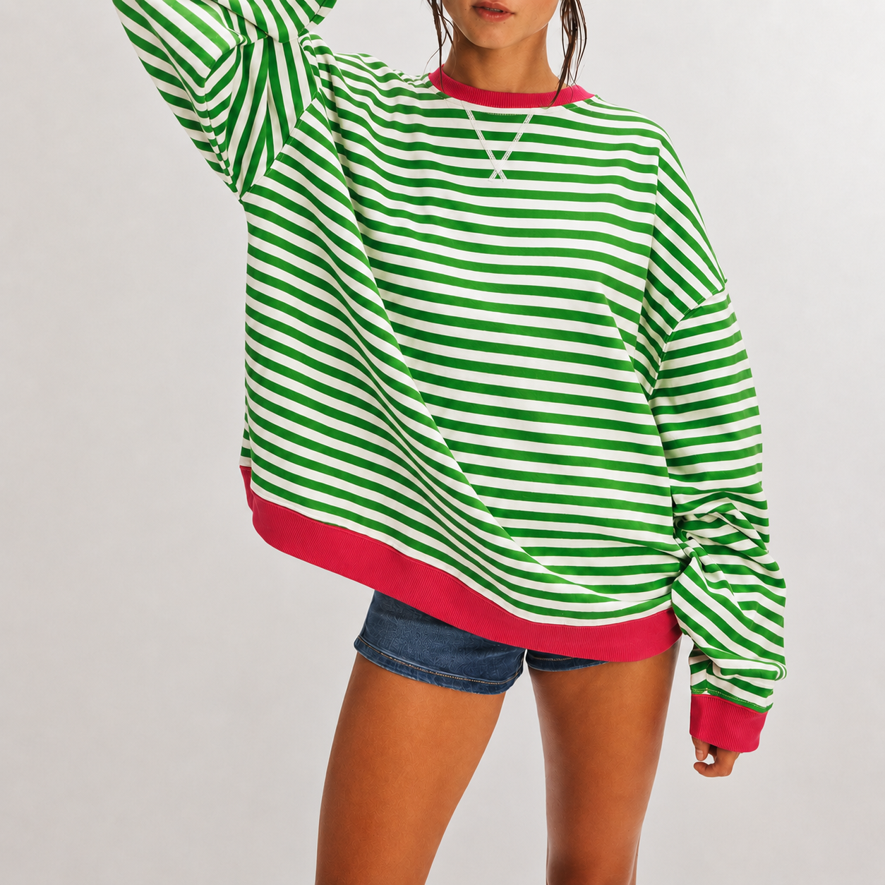 Oversized Ribbed Striped Tunic Sweatshirt for Women – Cozy Casual Comfort