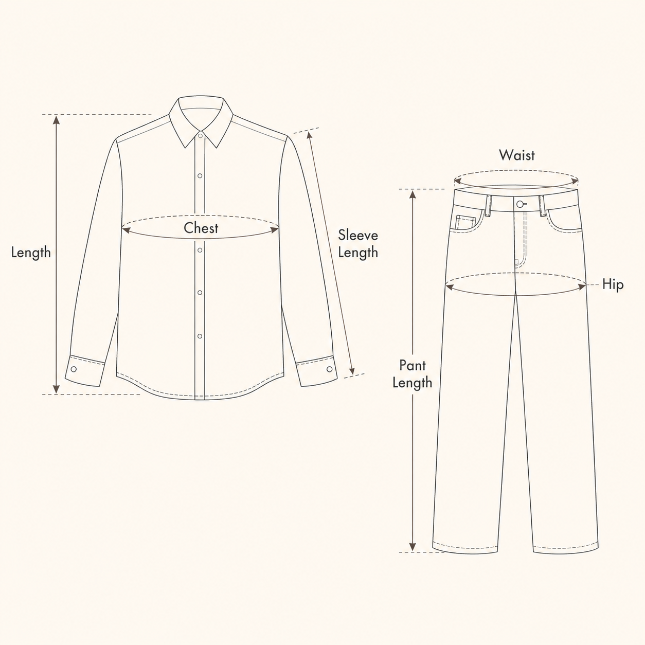 How to measure &mdash; bust, sleeve, top length, waist, hip and pant length