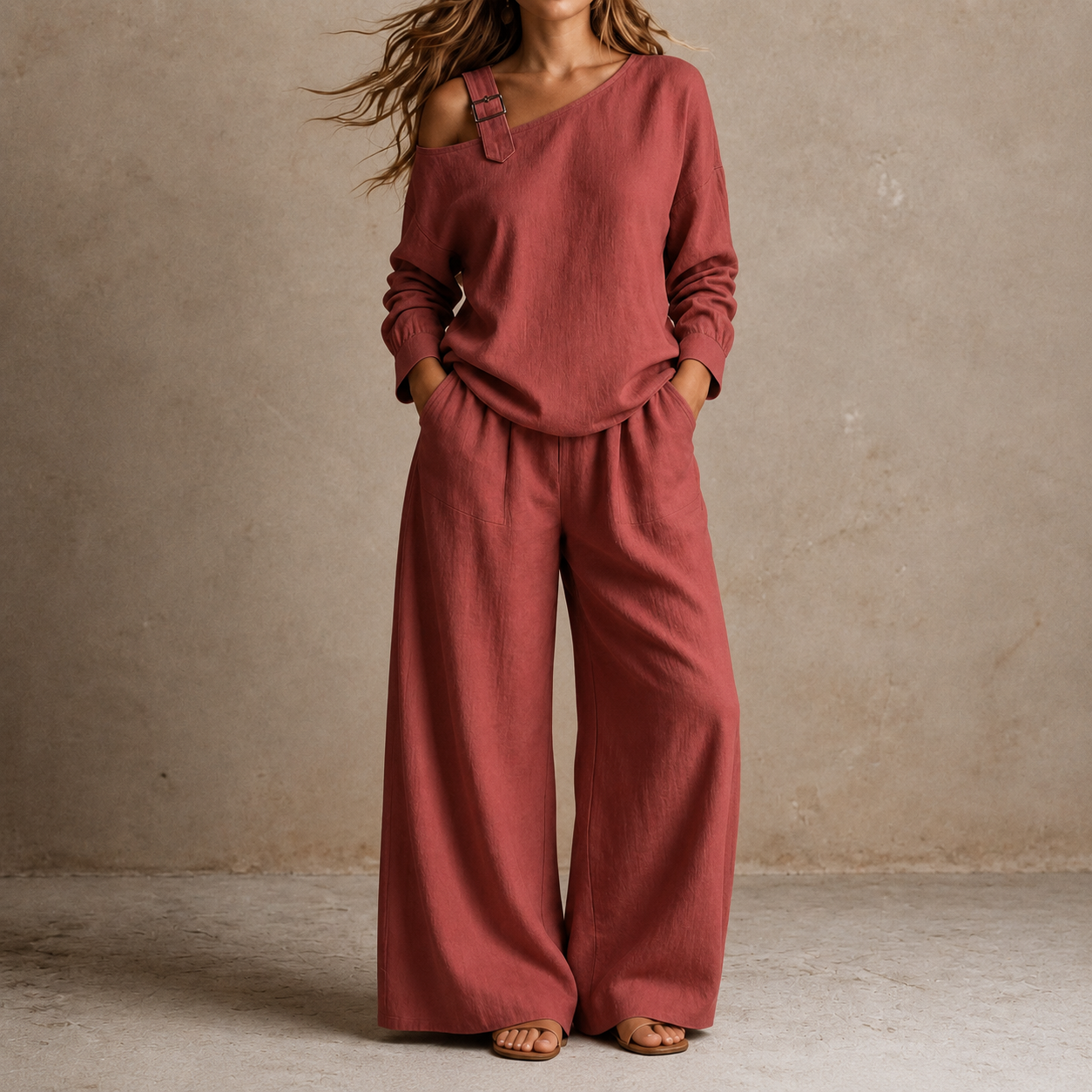 Onedrape – One-Shoulder Top And Wide-Leg Pants Set