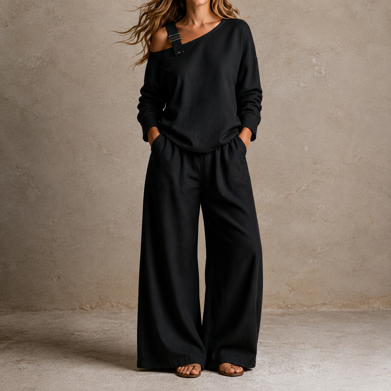 Onedrape – One-Shoulder Top And Wide-Leg Pants Set