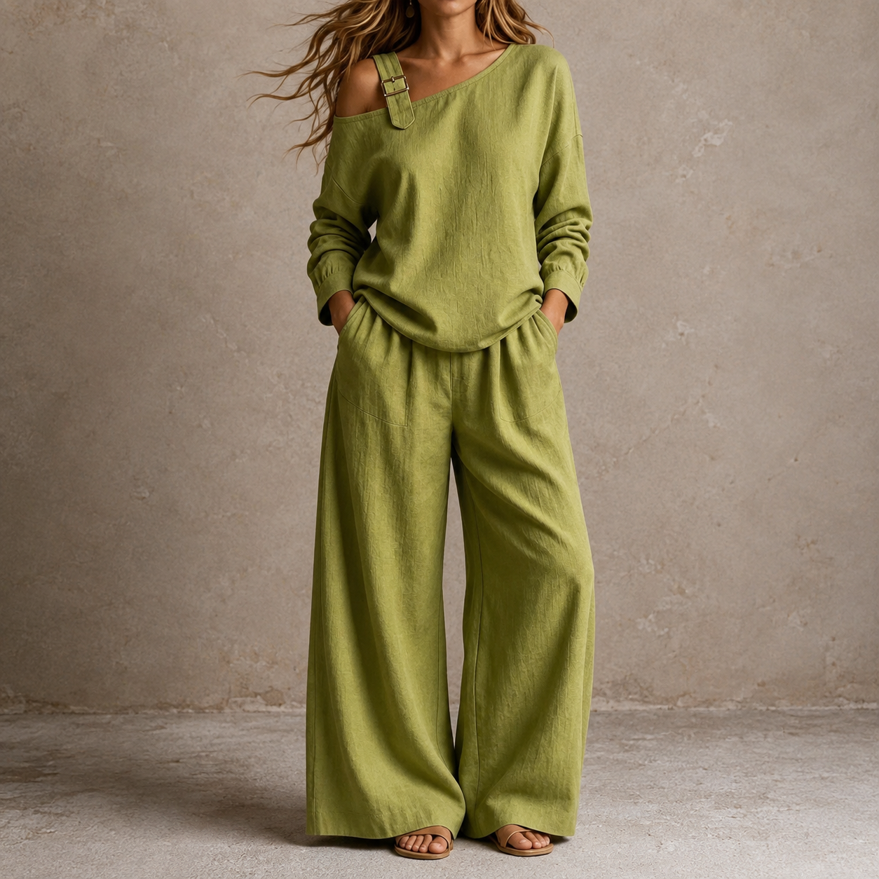 Onedrape – One-Shoulder Top And Wide-Leg Pants Set