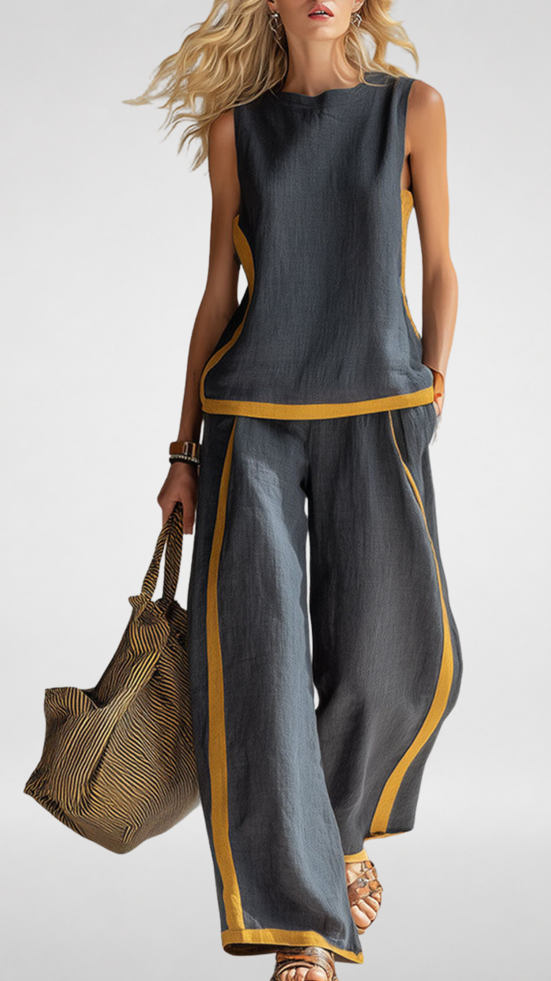 Two-Piece Linen-Blend Set: Sleeveless Top & Wide-Leg Pants