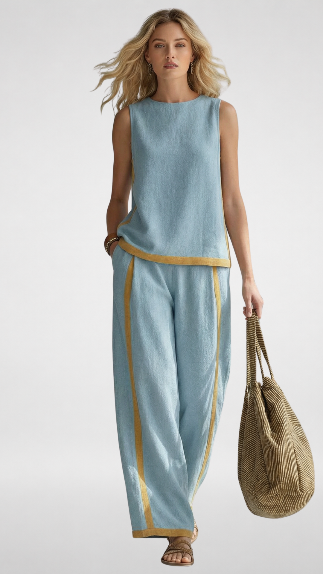 Two-Piece Linen-Blend Set: Sleeveless Top & Wide-Leg Pants