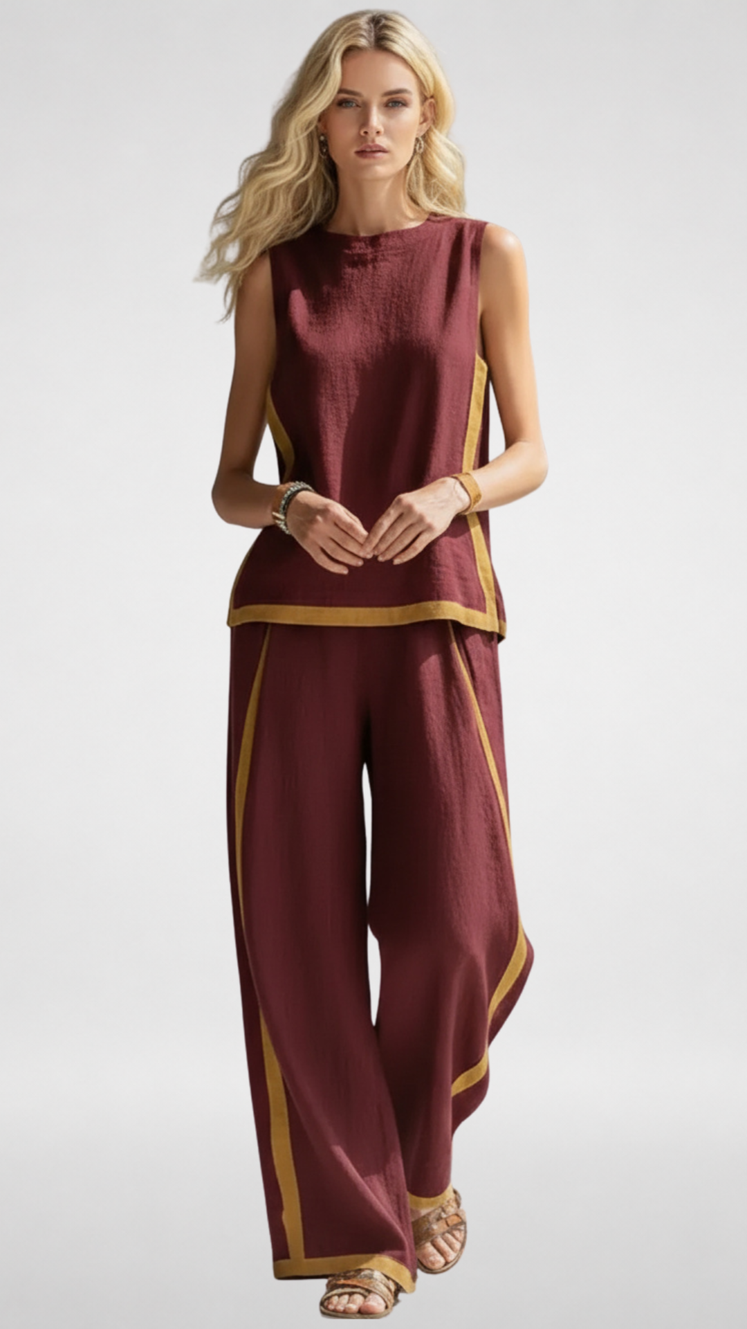 Two-Piece Linen-Blend Set: Sleeveless Top & Wide-Leg Pants