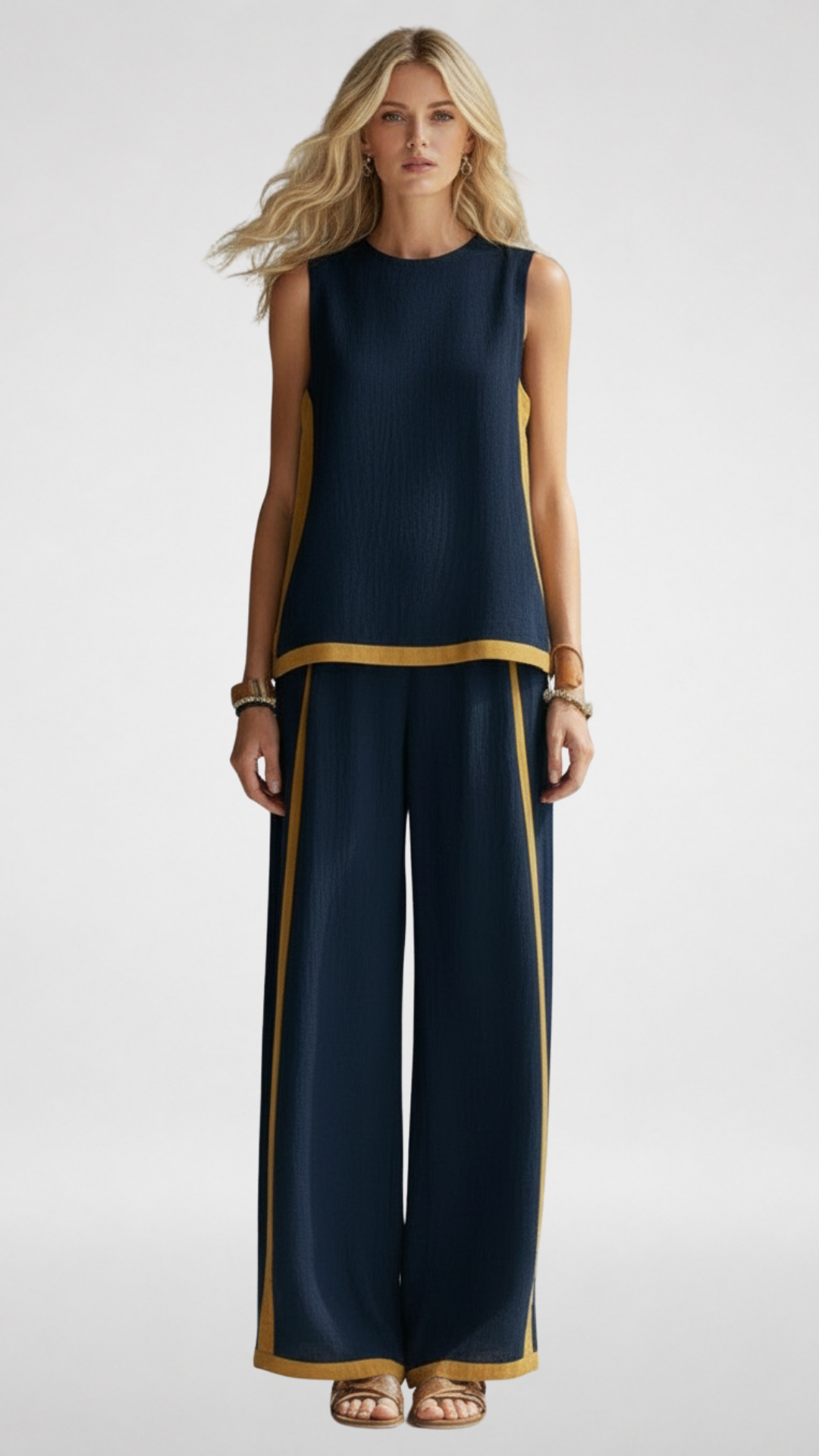 Two-Piece Linen-Blend Set: Sleeveless Top & Wide-Leg Pants
