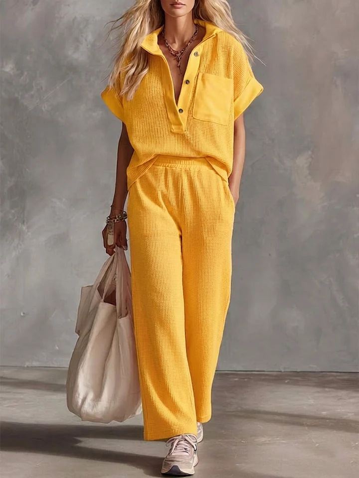 The Harlow Waffle Knit Set – Short Sleeve Collared Top & Wide Leg Pants | Relaxed 2-Piece Lounge Co-ord