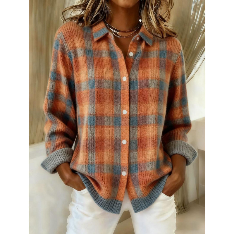 Denim Patchwork Contrast Plaid Polo Collar Button Cardigan Sweater