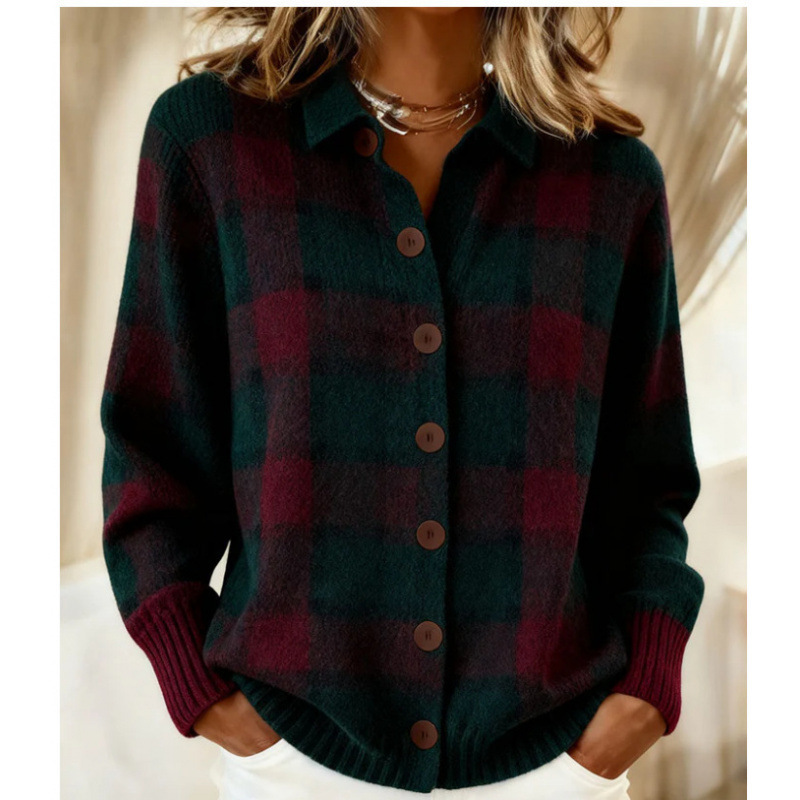 Denim Patchwork Contrast Plaid Polo Collar Button Cardigan Sweater