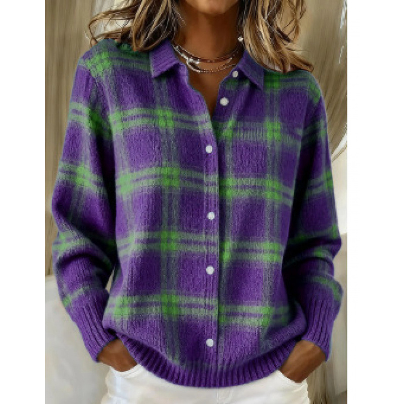 Denim Patchwork Contrast Plaid Polo Collar Button Cardigan Sweater