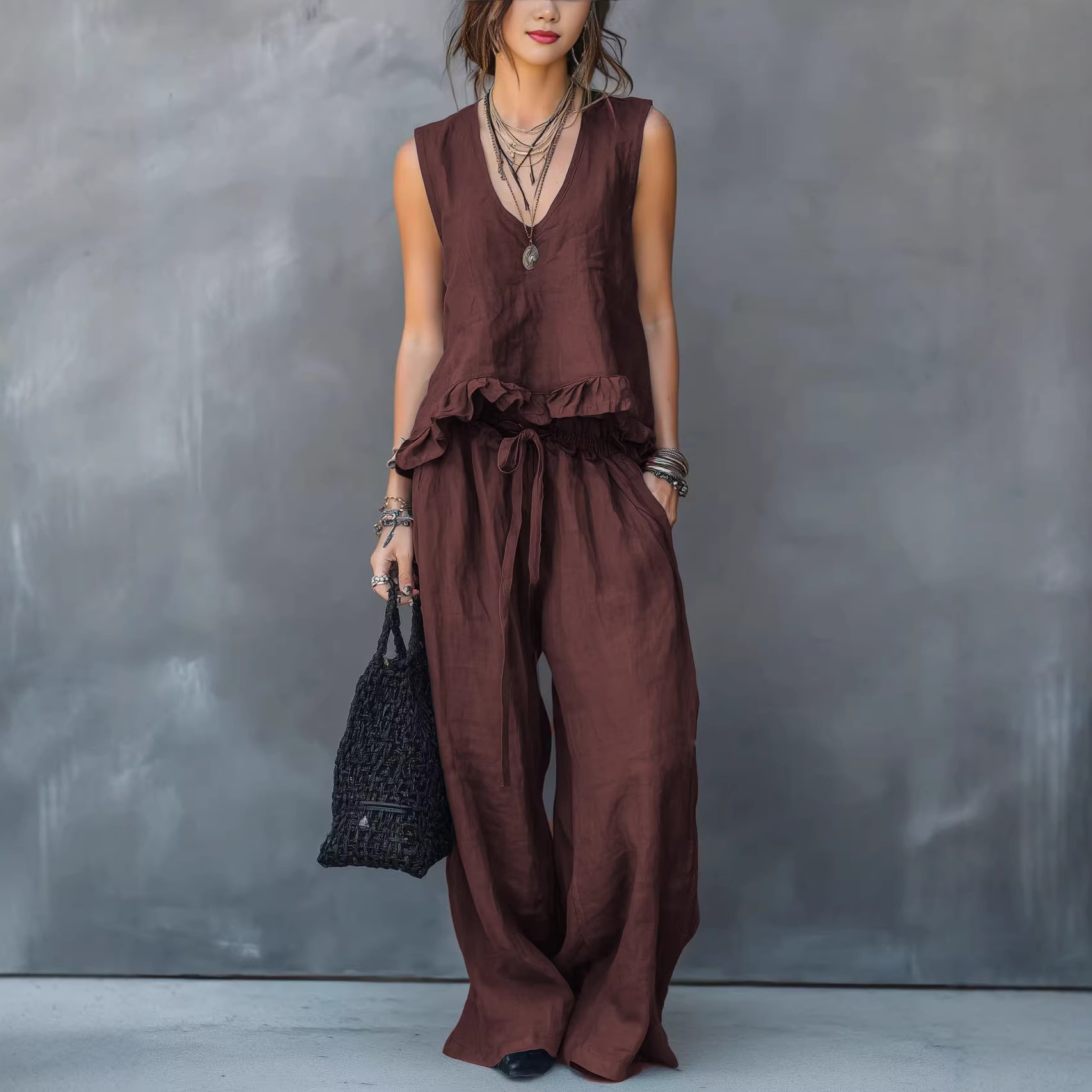 Women's V-neck Sleeveless Casual Loose Cotton Top With Elastic Waist And Wide-leg Pants Cotton Linen Set