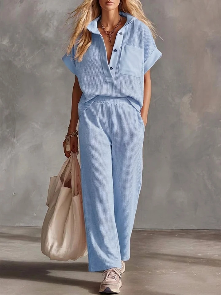 The Harlow Waffle Knit Set – Short Sleeve Collared Top & Wide Leg Pants | Relaxed 2-Piece Lounge Co-ord