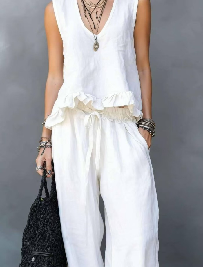 Women's V-neck Sleeveless Casual Loose Cotton Top With Elastic Waist And Wide-leg Pants Cotton Linen Set