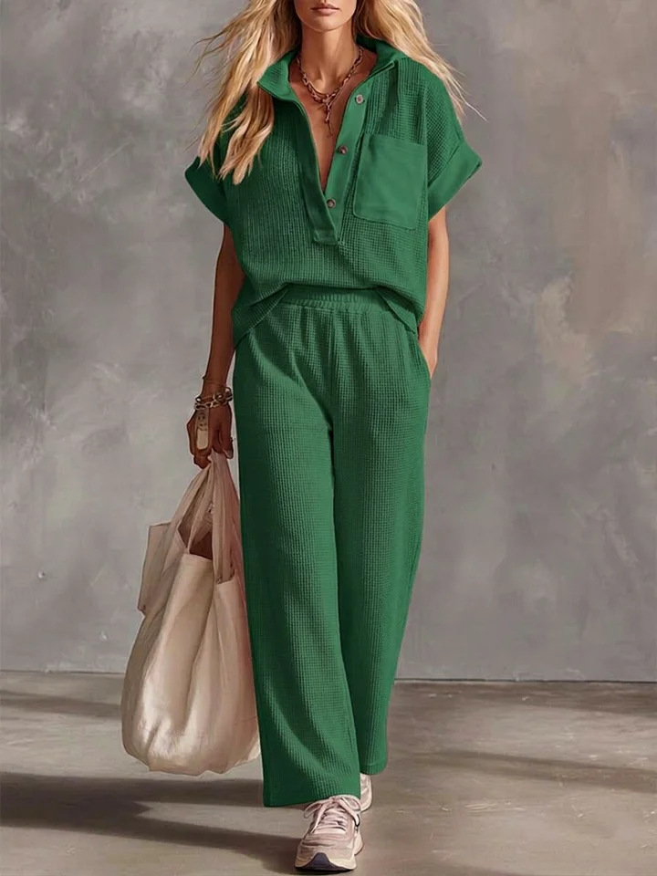 The Harlow Waffle Knit Set – Short Sleeve Collared Top & Wide Leg Pants | Relaxed 2-Piece Lounge Co-ord