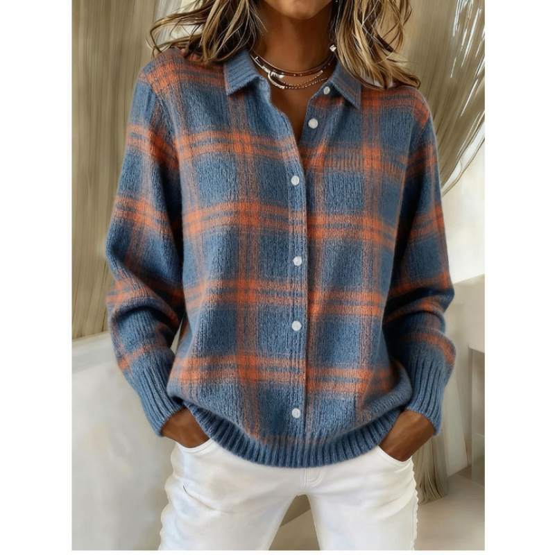 Denim Patchwork Contrast Plaid Polo Collar Button Cardigan Sweater