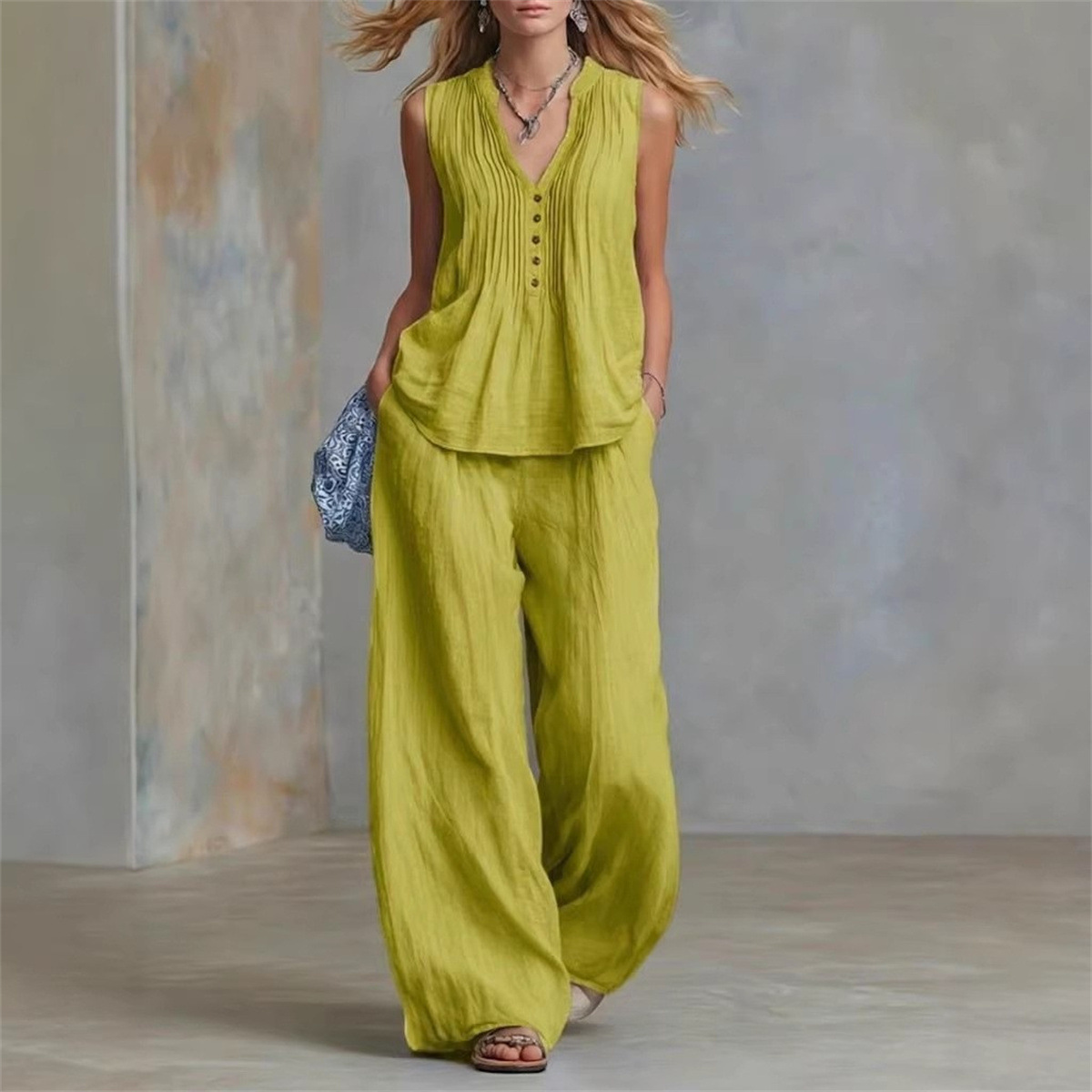Casual Linen And Cotton Pleated Sleeveless Top And Pants Two-piece Set