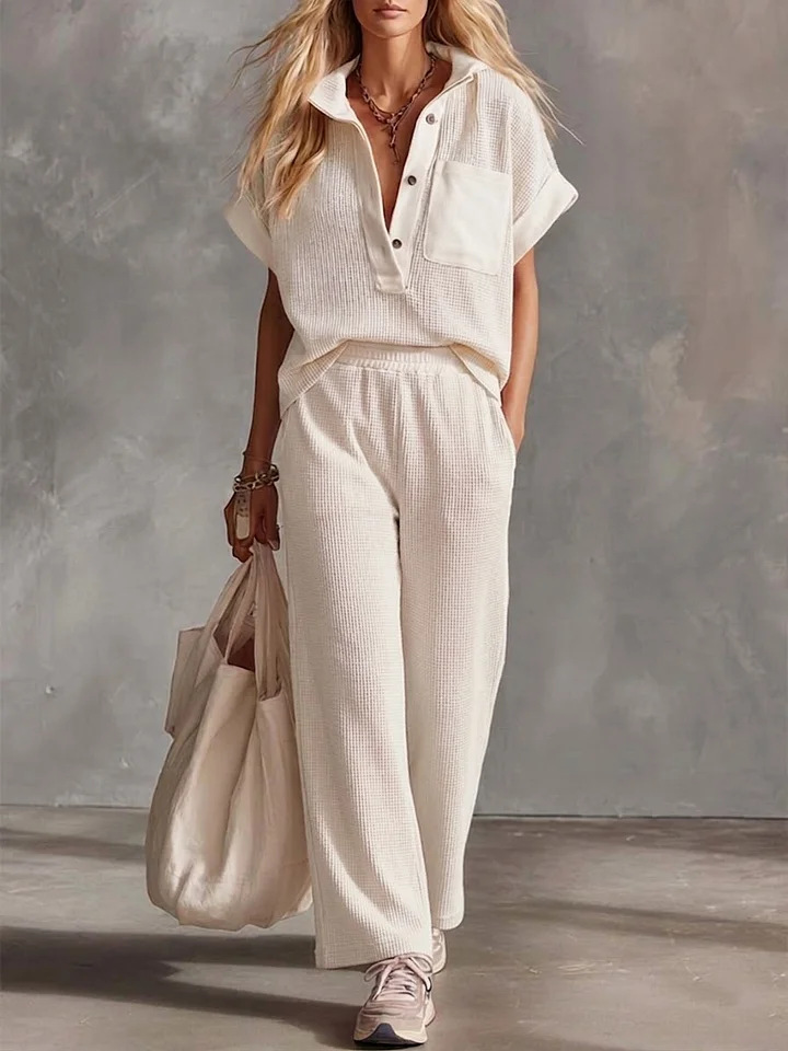 The Harlow Waffle Knit Set – Short Sleeve Collared Top & Wide Leg Pants | Relaxed 2-Piece Lounge Co-ord