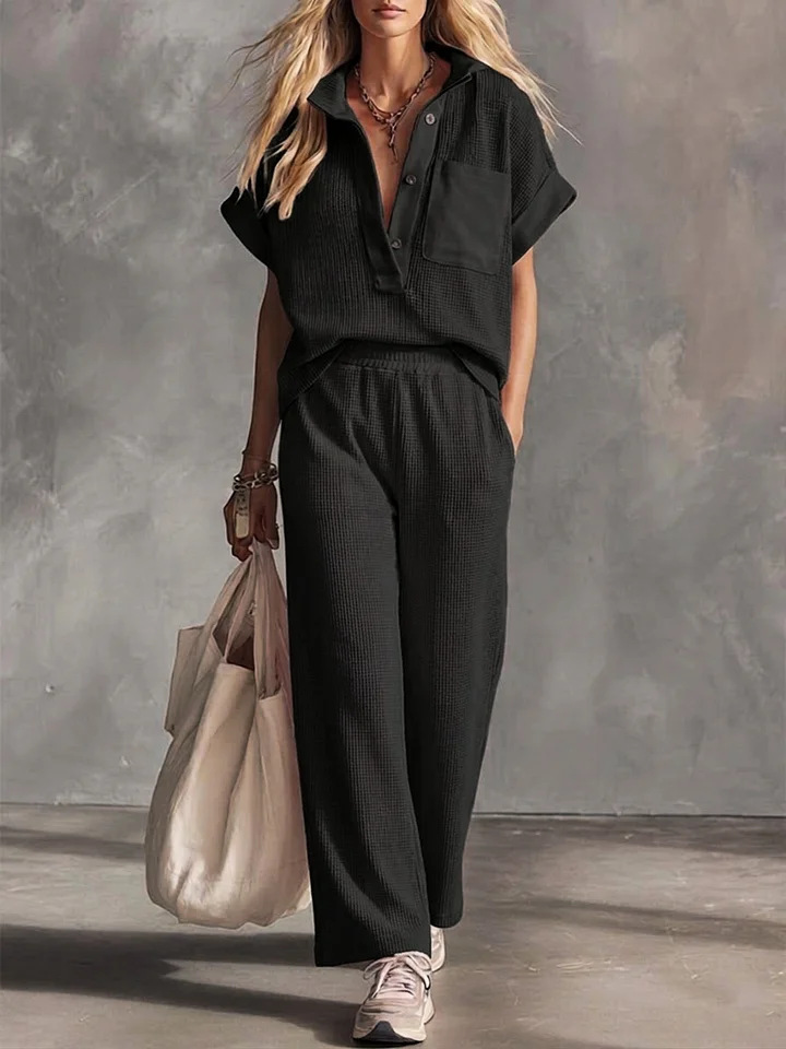 The Harlow Waffle Knit Set – Short Sleeve Collared Top & Wide Leg Pants | Relaxed 2-Piece Lounge Co-ord