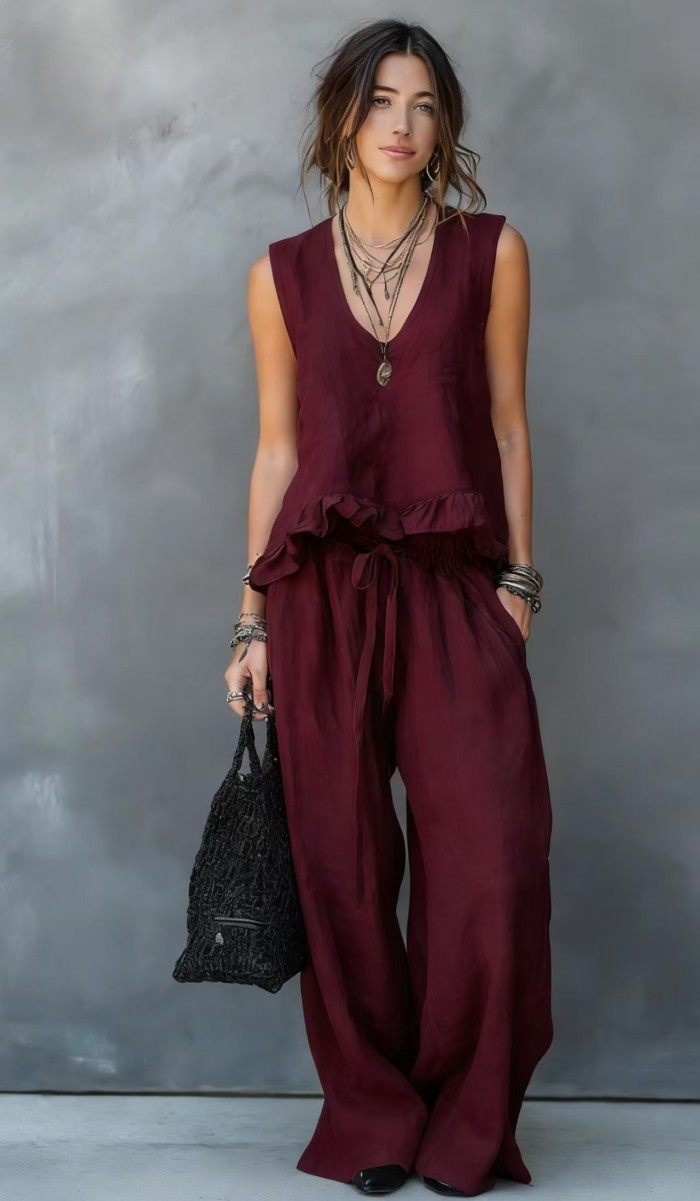 Women's V-neck Sleeveless Casual Loose Cotton Top With Elastic Waist And Wide-leg Pants Cotton Linen Set