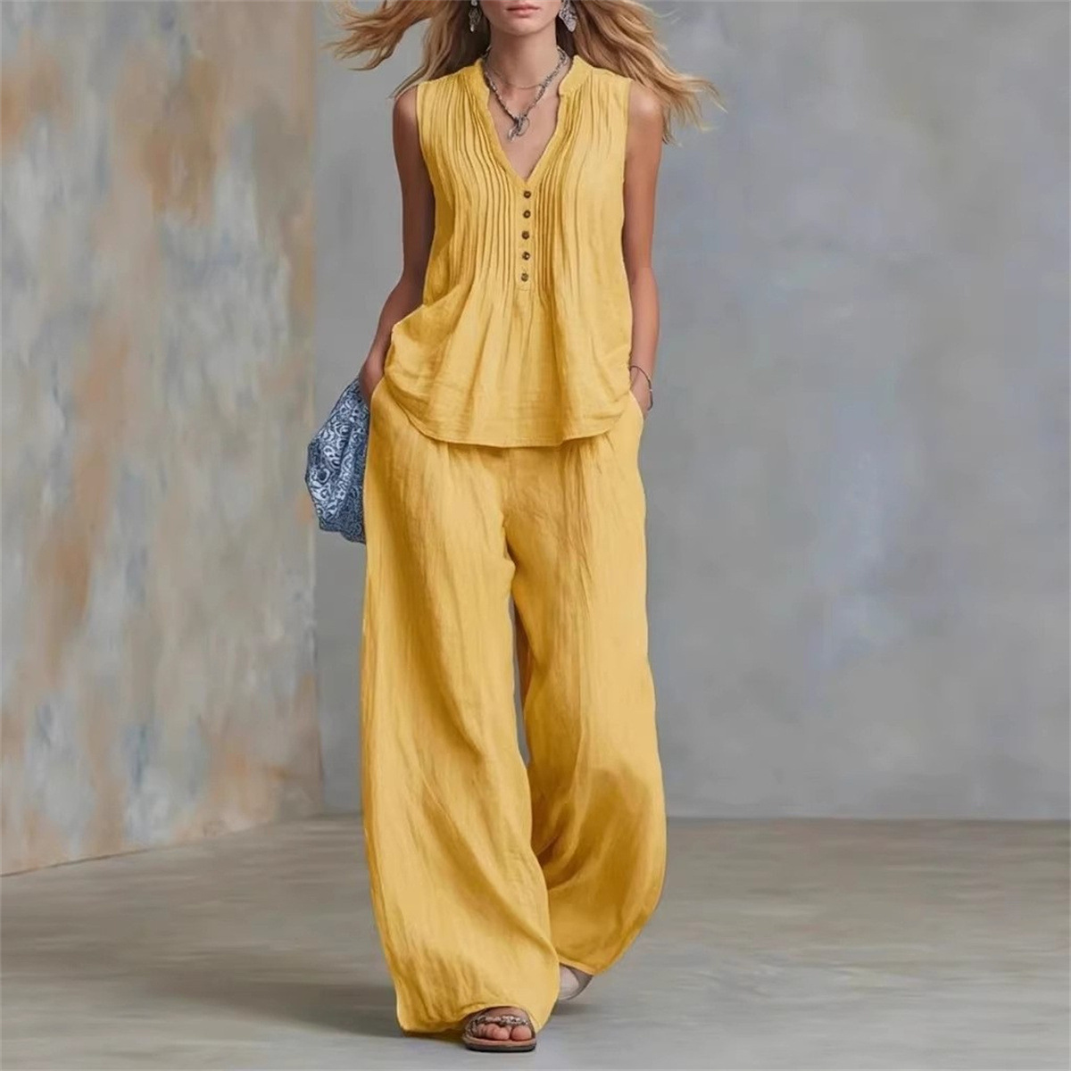 Casual Linen And Cotton Pleated Sleeveless Top And Pants Two-piece Set