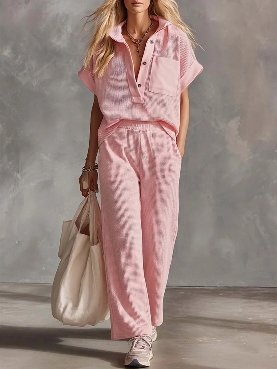 The Harlow Waffle Knit Set – Short Sleeve Collared Top & Wide Leg Pants | Relaxed 2-Piece Lounge Co-ord